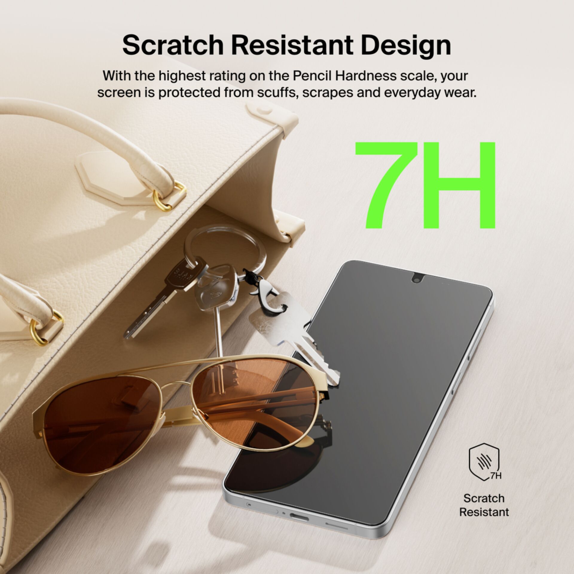 phone, Bildschirmfolie, Sonnenbrille, Schlüsselanhänger, Handtasche