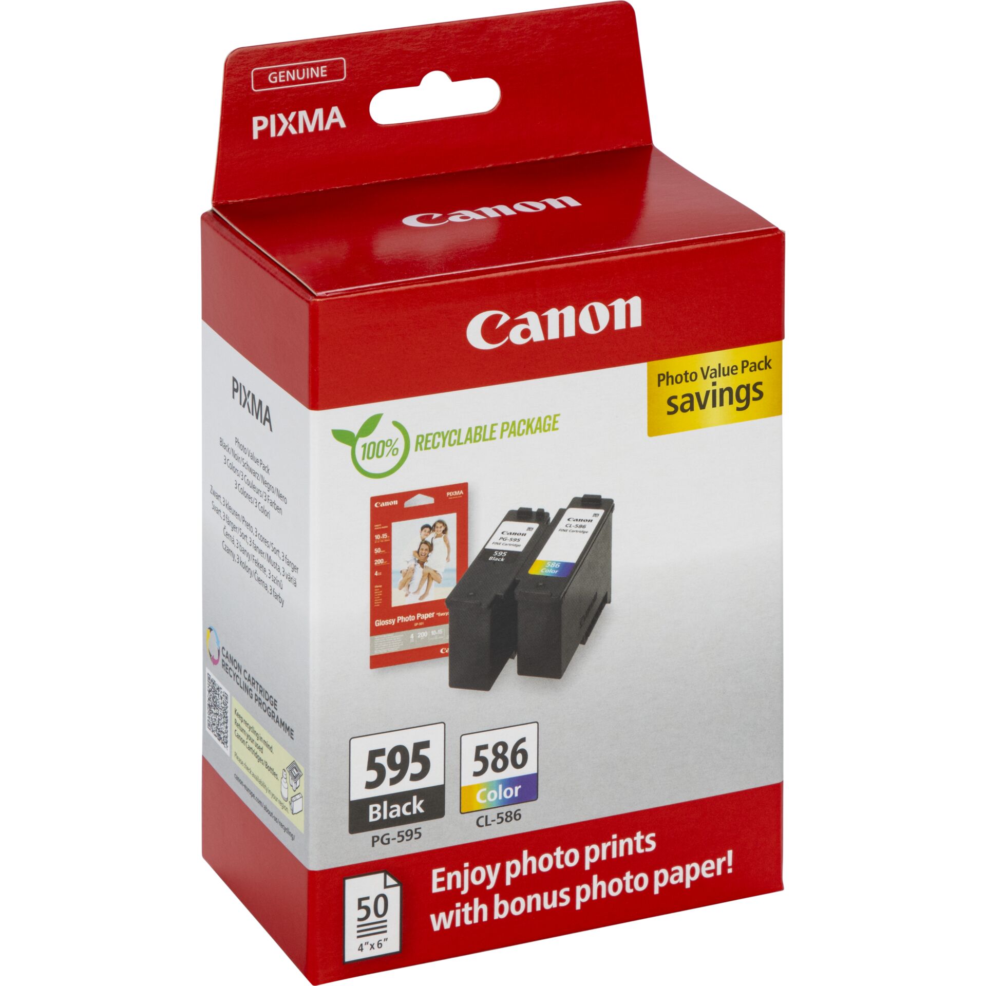 Canon Tintenpatrone, PG-595 schwarz, CL-586 farbig, Tintenpatrone, recycelbare Verpackung