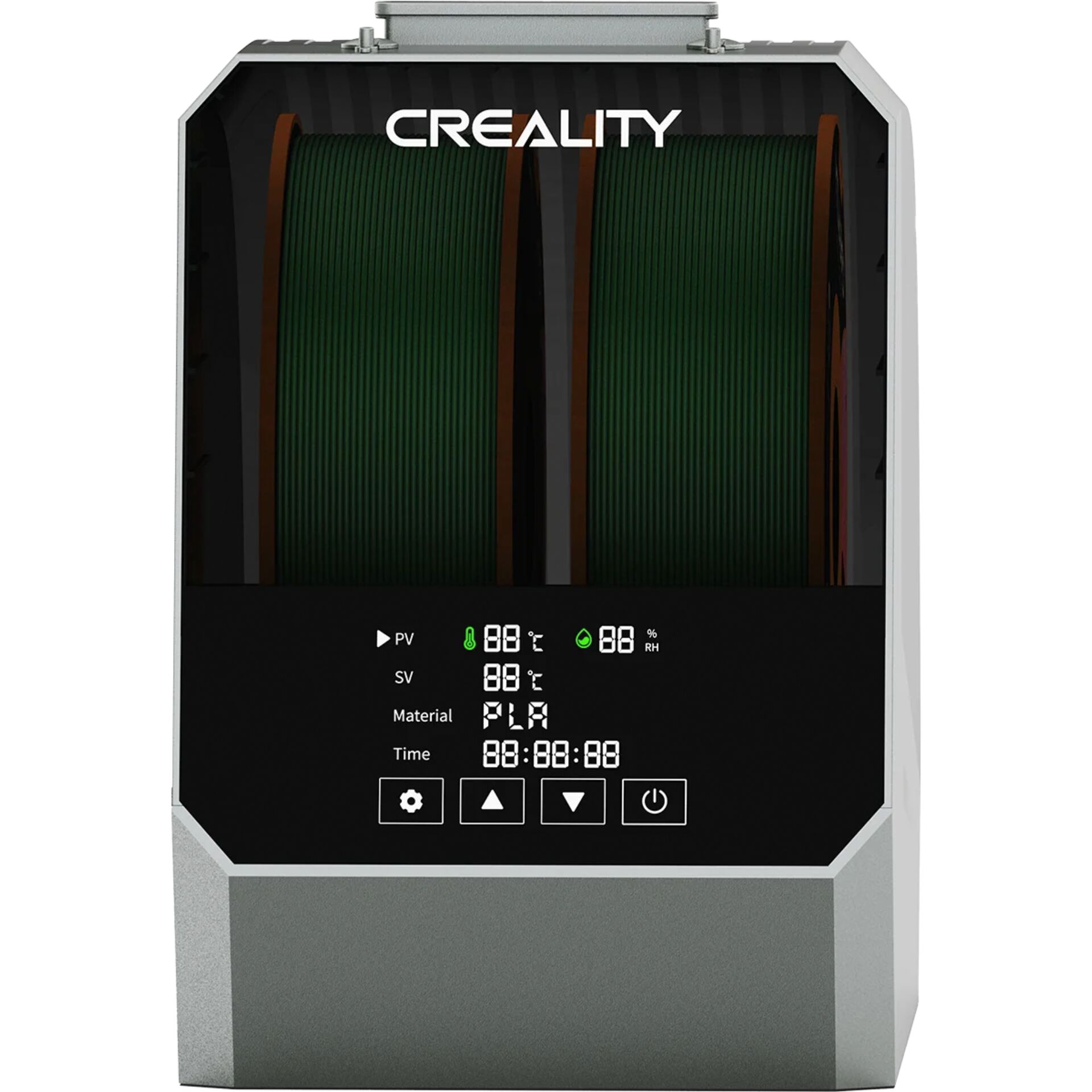 3D printer, Filament reel, PLA, printer display, green filament set