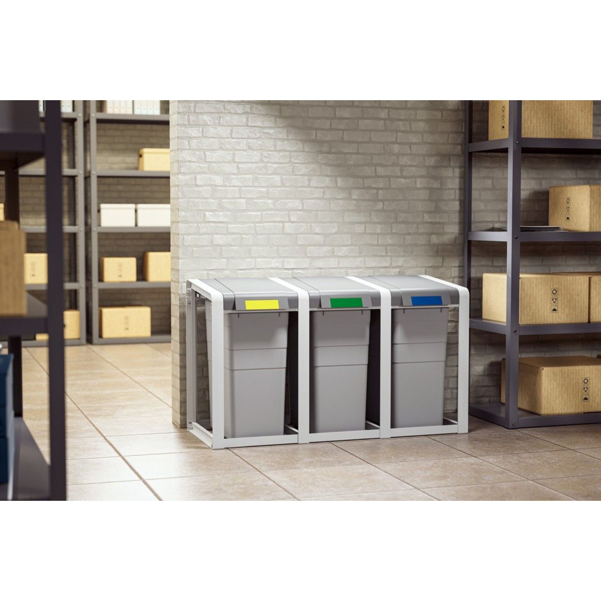 recycling bin, trash can, three-bin sorter, steel frame, office storage