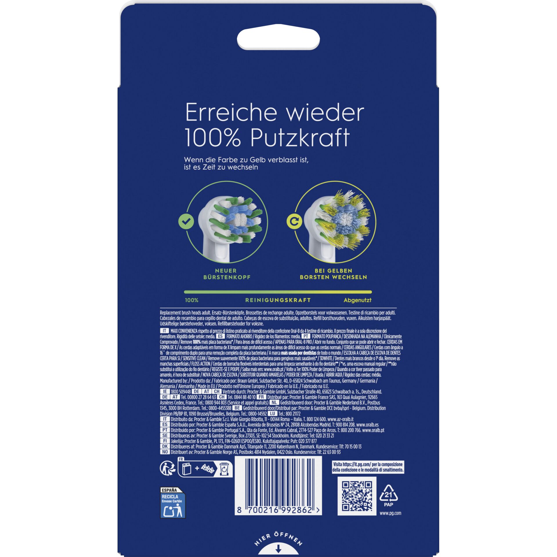 Zahnbürstenkopf, Reinigungsseit, Putzkraft, gelbe Borsten, Kopfwechsel