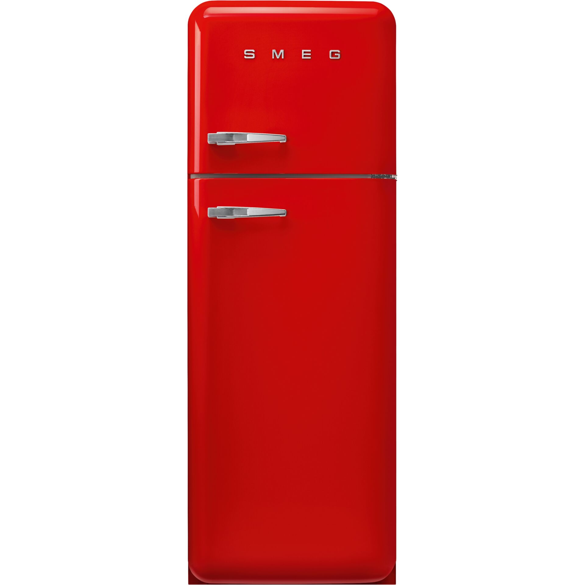 retro- Kühlschrank, rotes Farbschema, Zweikammer, obere Gefrierfach, Chromgriffe