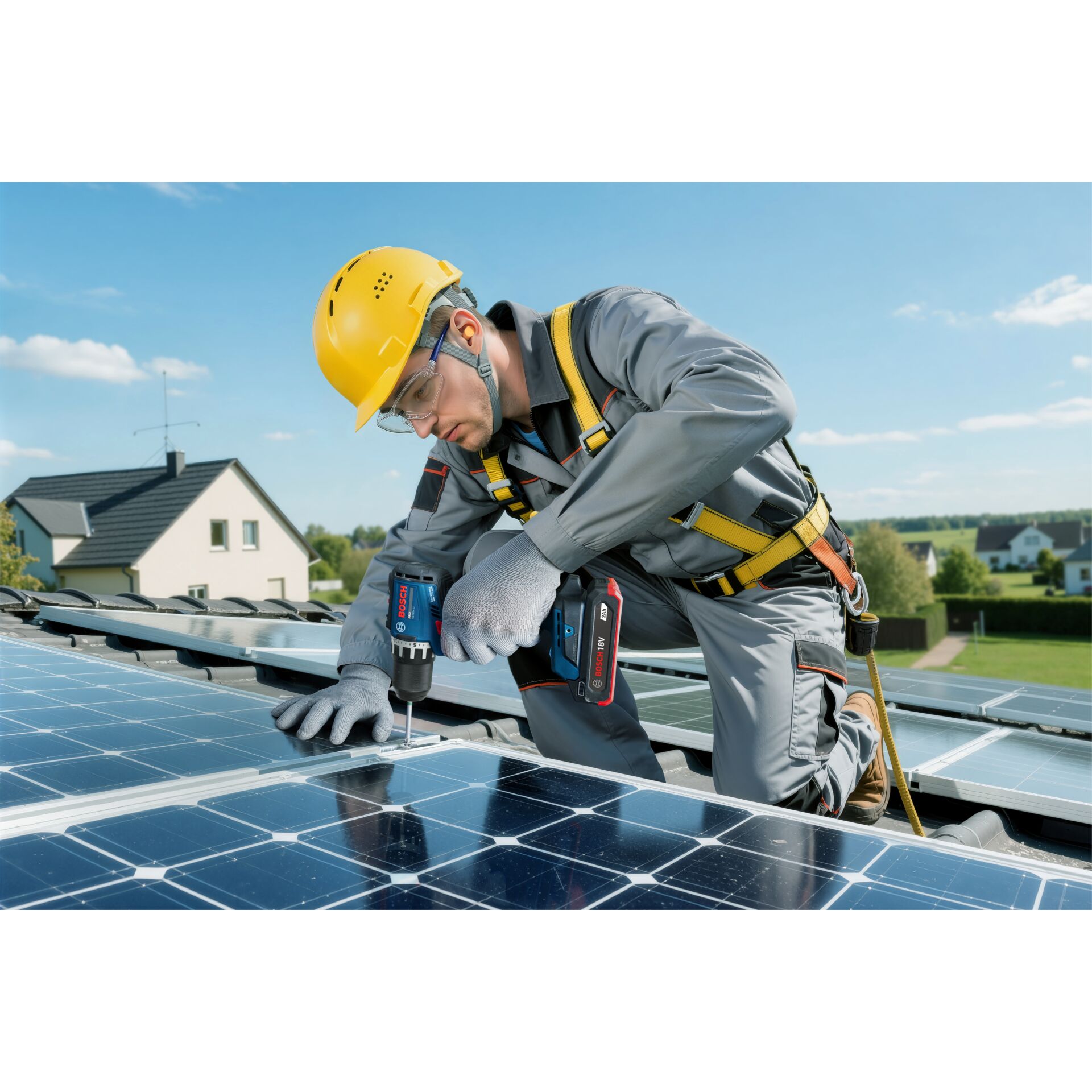 Solaranlage, Solarmodule, Dacharbeiten, Arbeitshelm, Bohrmaschine