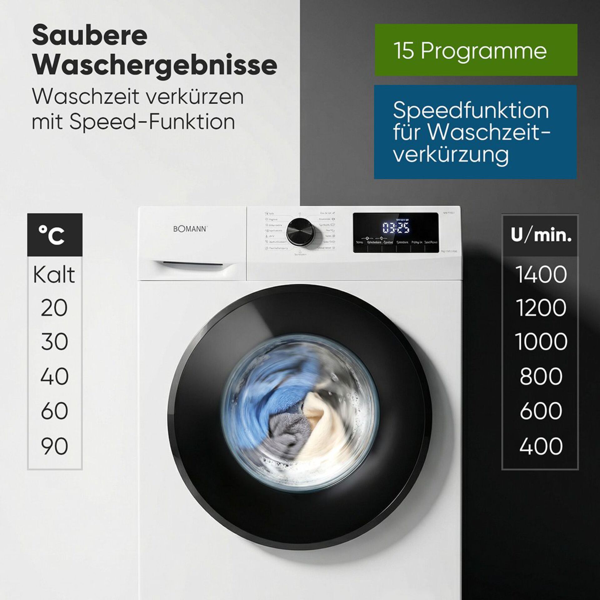 Waschmaschine, Frontlader, Kalt-/Warm-, Waschtemperatur, Tempo/Tempo-Funktion