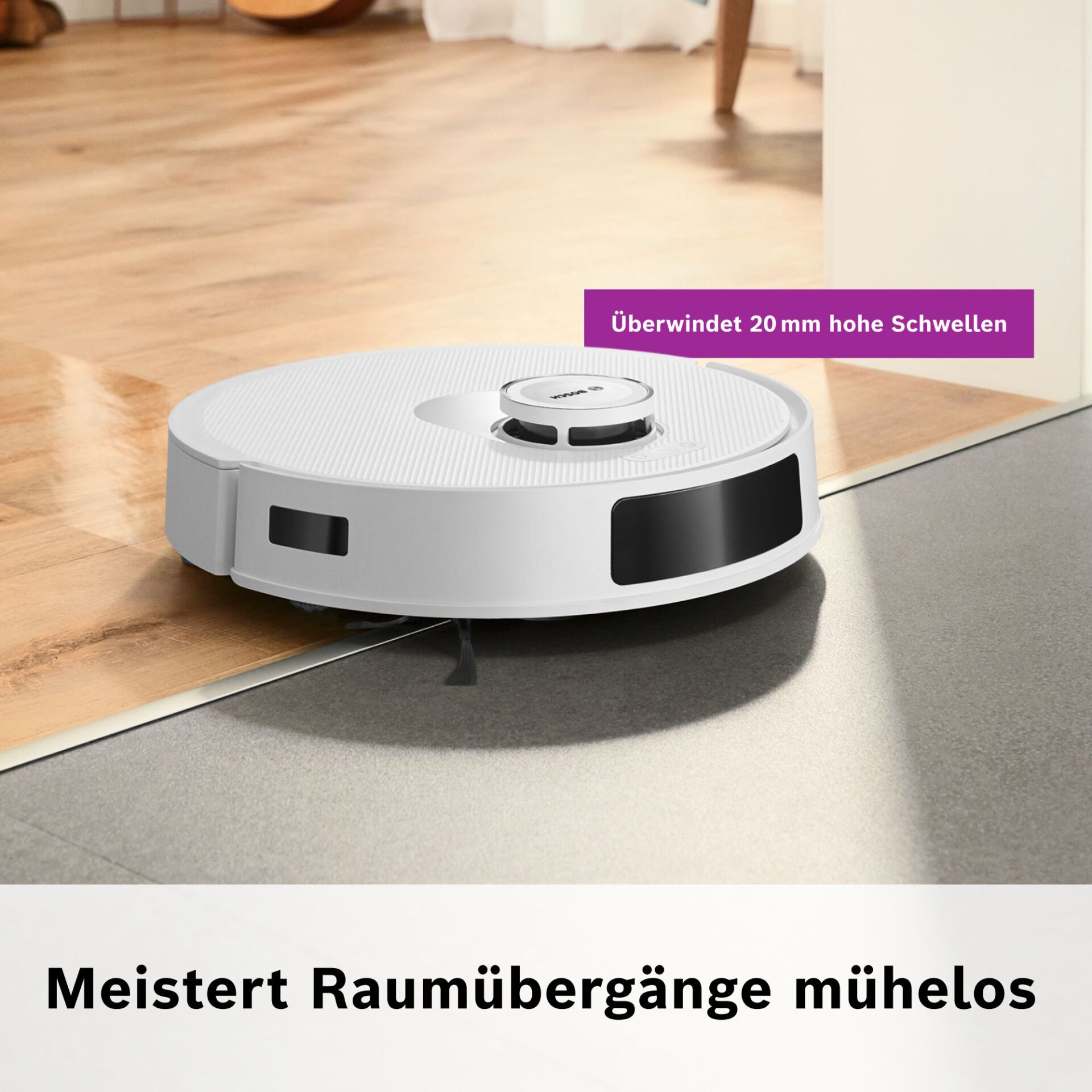 Roboterstaubsauger, Saugroboter, Weiß, Schwellenüberwindung, Haustürschwelle