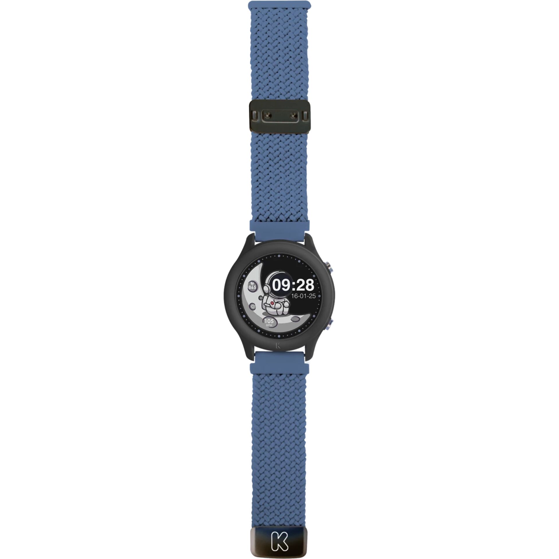 smartwatch, blauer Armband, digitales Display, runder Ziffernblatt, Armband aus Metall/Plastik?