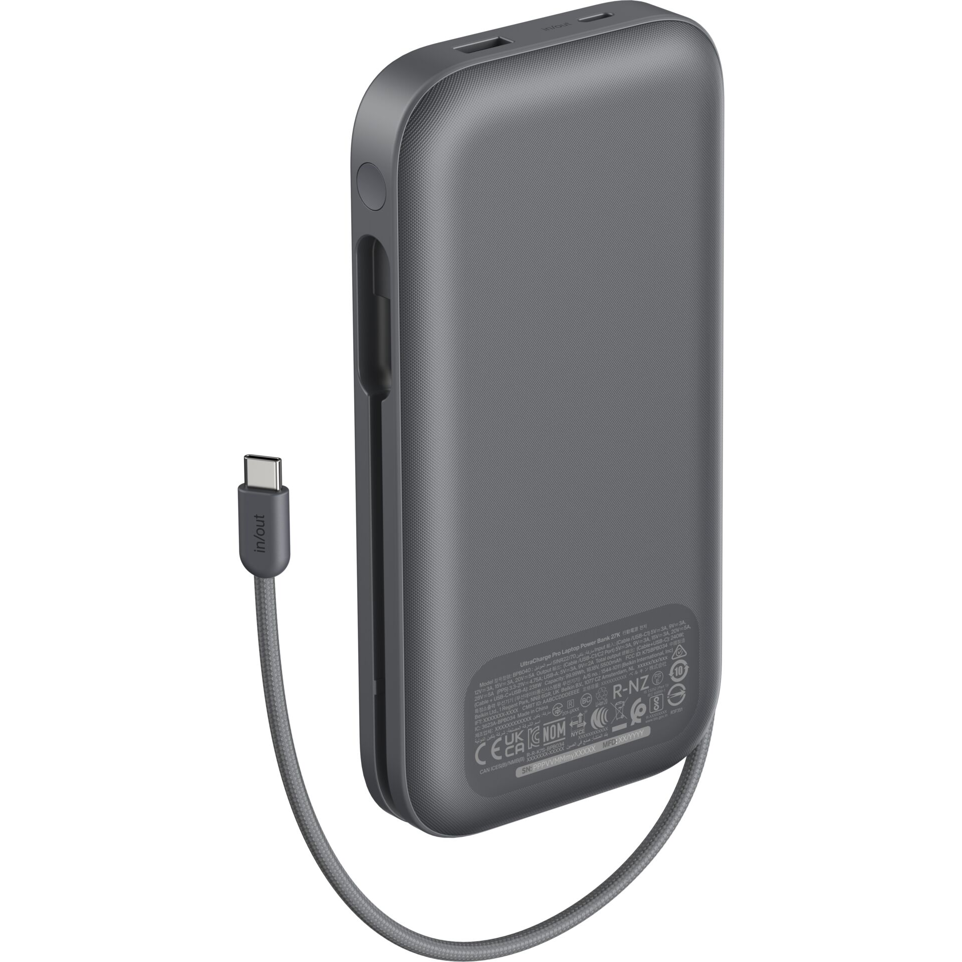 Power Bank, Tragelader, USB-C, Kabel, Grau