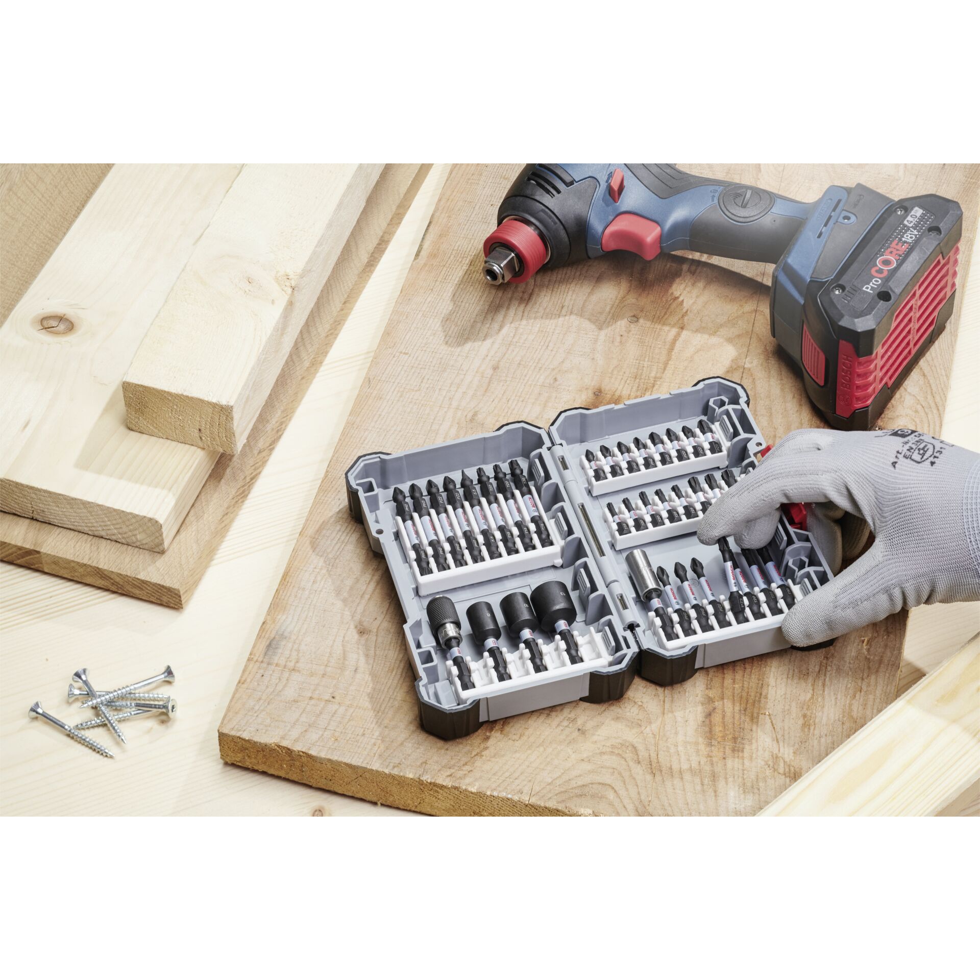 Gerät, Elektrische Bohrmaschine, Schraube, Handschuh, Holz