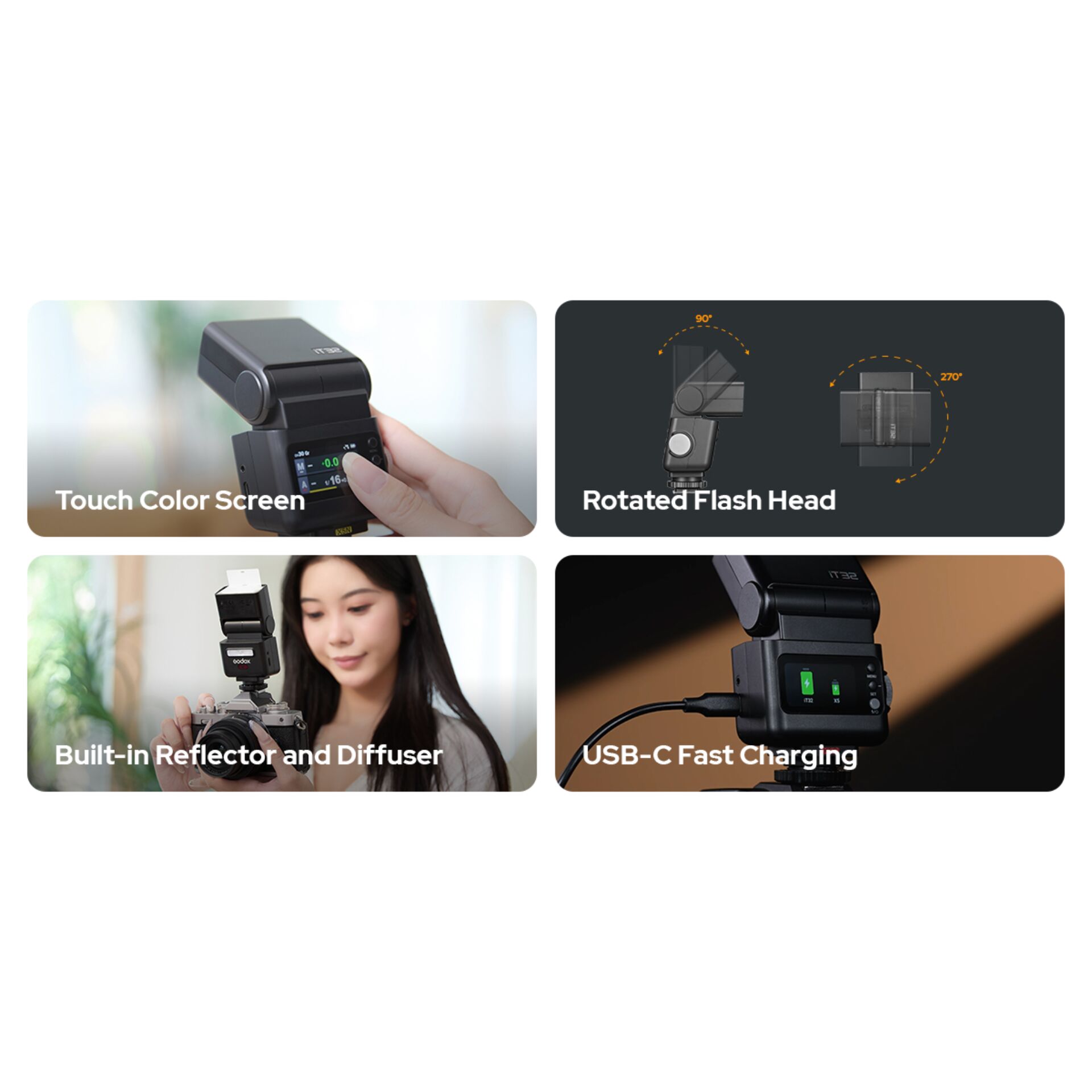Touchscreen, Rotated head, Built-in reflector, Diffuser, USB-C charging