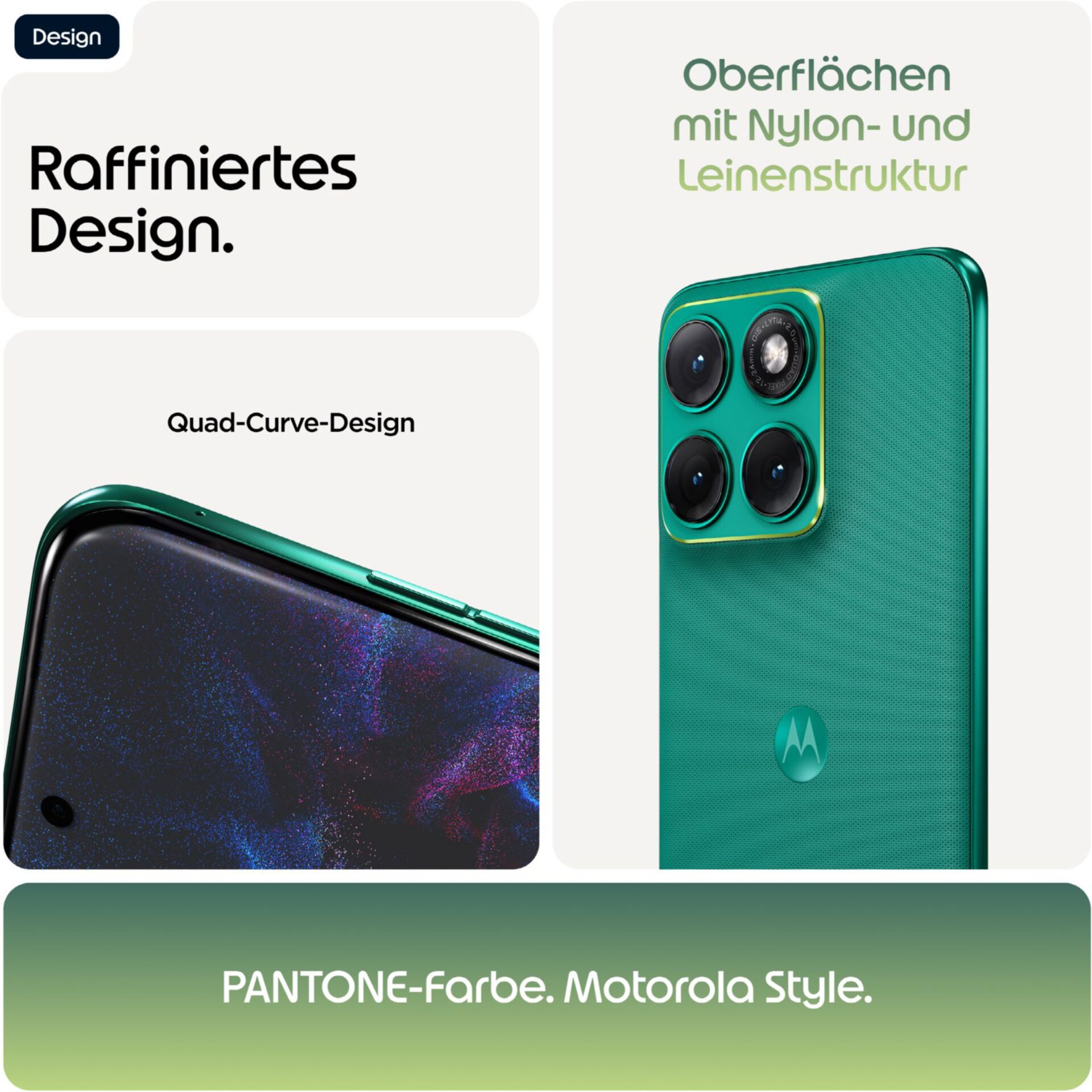 Smartphone, Quad-Curve-Design, Kamera-Setup (5 Kameras), Grün, Pantone/Motorola Stil
