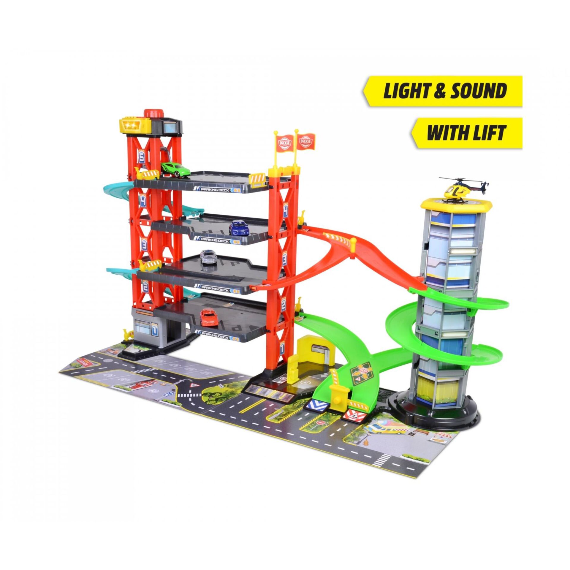 Parkdeck-Spielset, Spielzeugautos, Rennstrecke, Hubschrauber-Rampe, Spielset