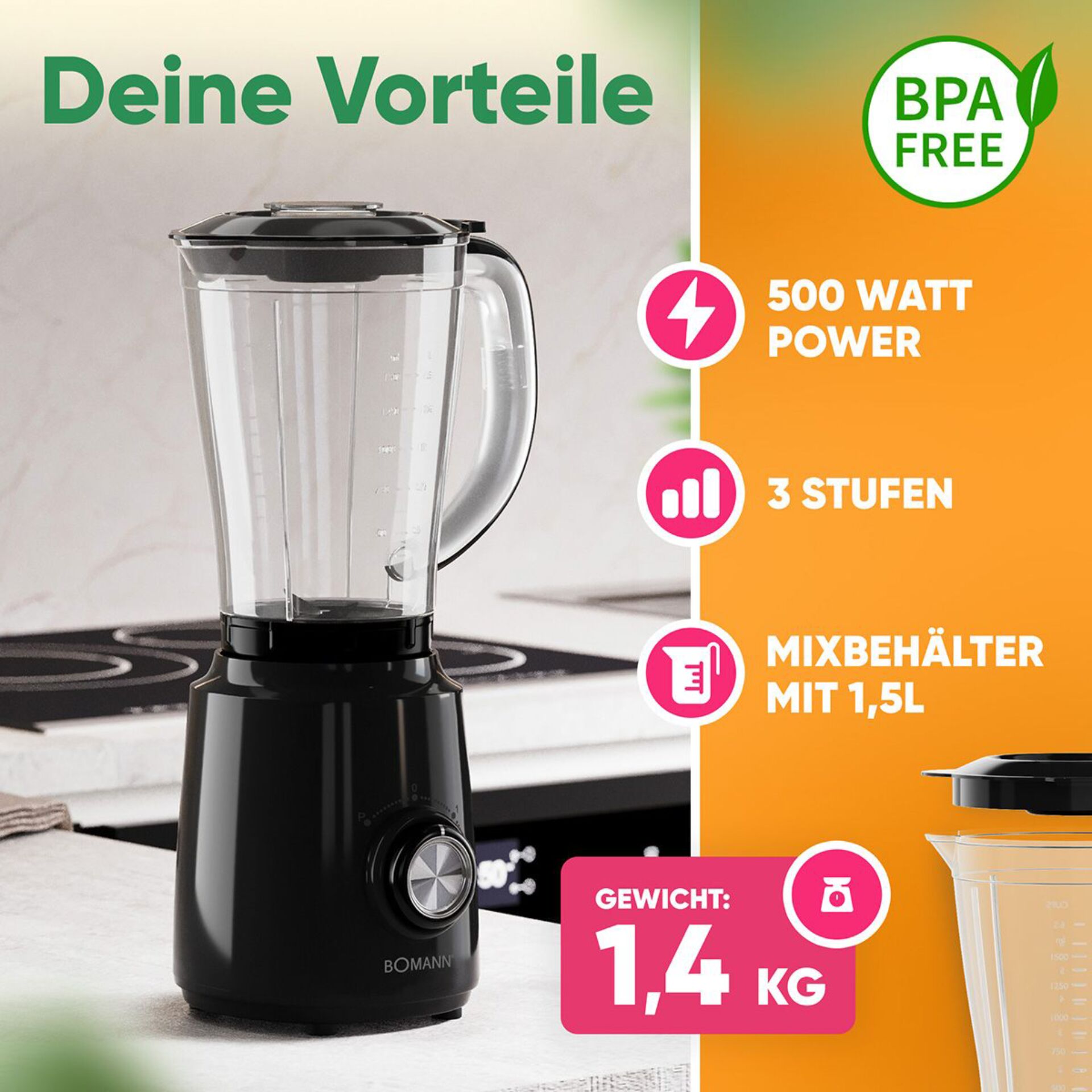 Deckel, Mixer, Glasbehälter, 1,5 Liter, 500 Watt
