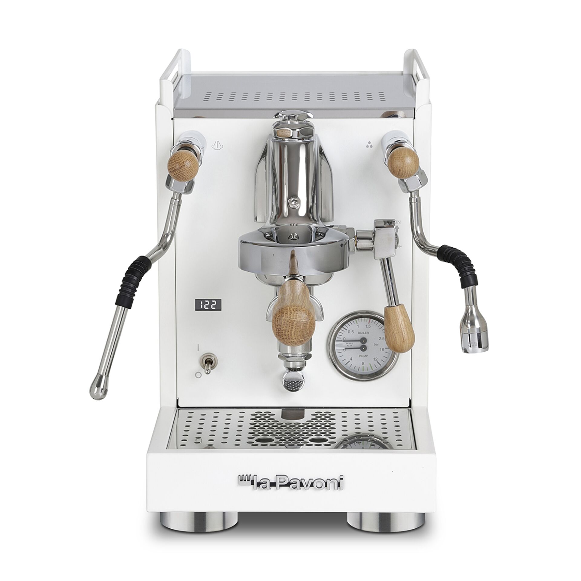 Espressomaschine, Gourmet, Edelstahl, Holzgriffe, Drehknöpfe