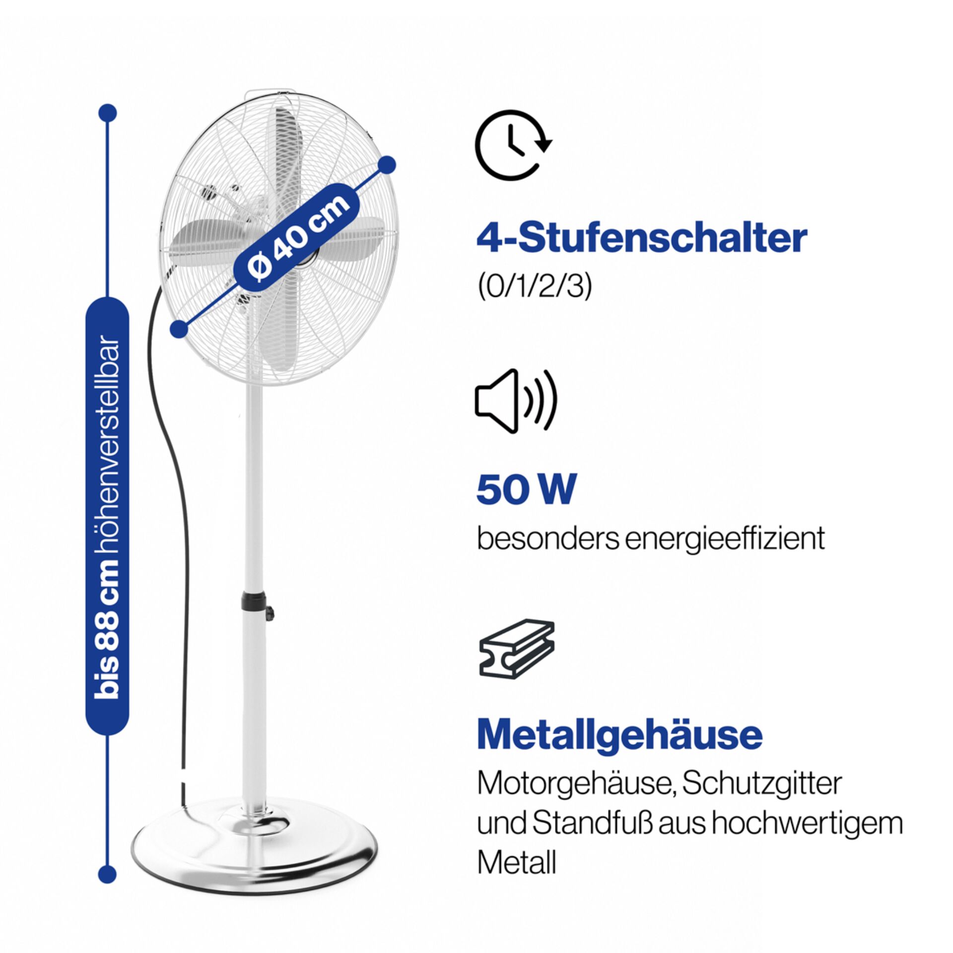Ventilator, Standventilator, Metallgehäuse, Höhenverstellbar, 40 cm Durchmesser
