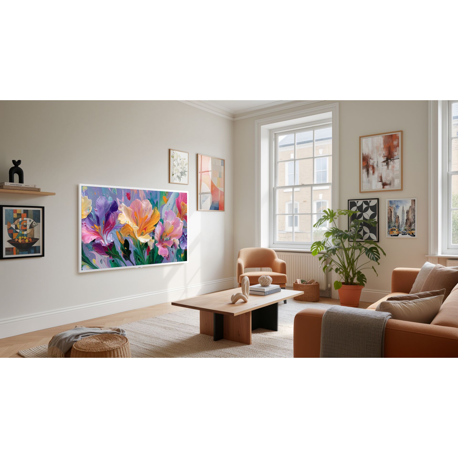 Wohnzimmer, Wandkunst, Abstract-Print, Holztisch, Sessel