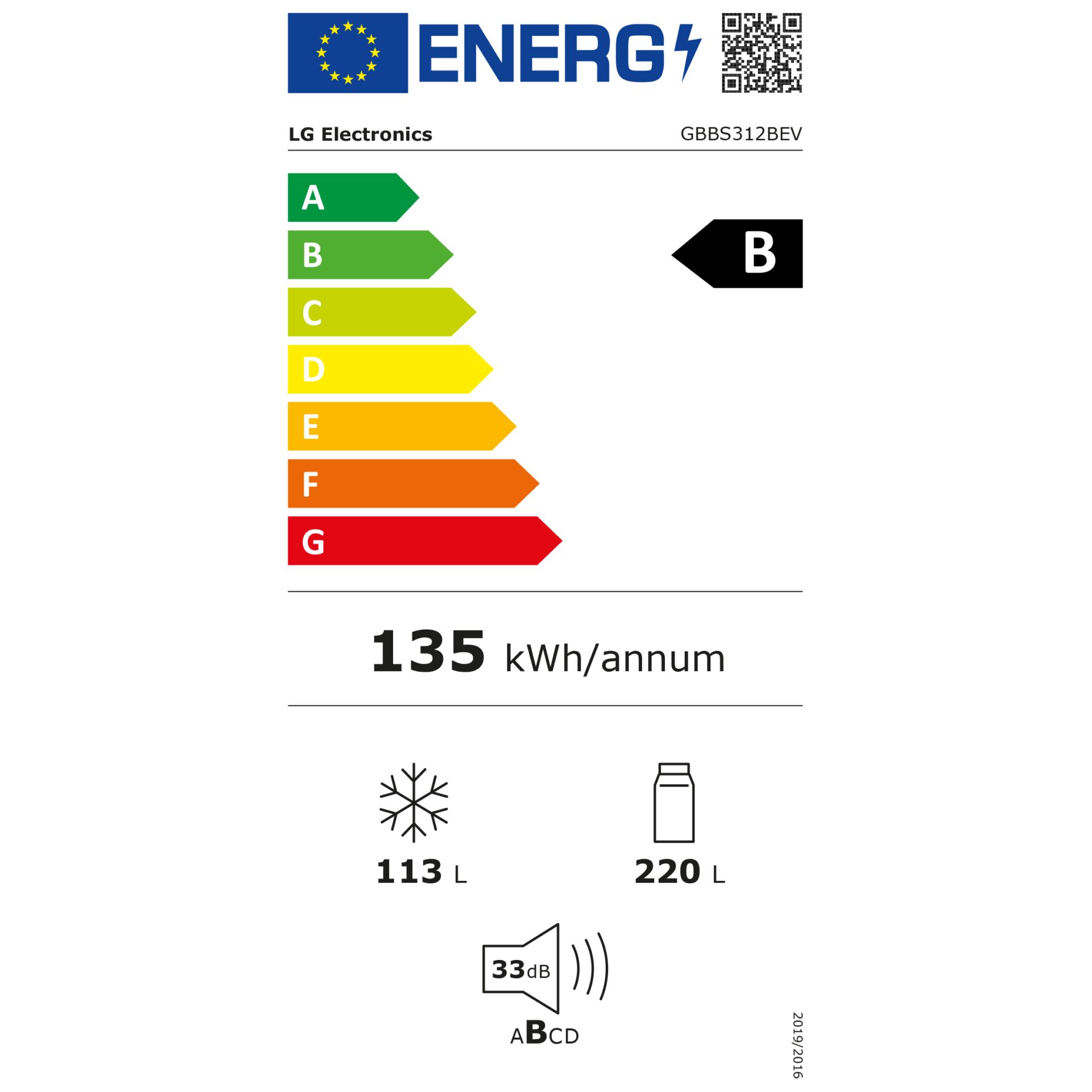 Energieetikett, kWh/jahr, 113 L Gebrauchsinhalt, 220 L Fassungsvolumen, 33 dB Geräusch
