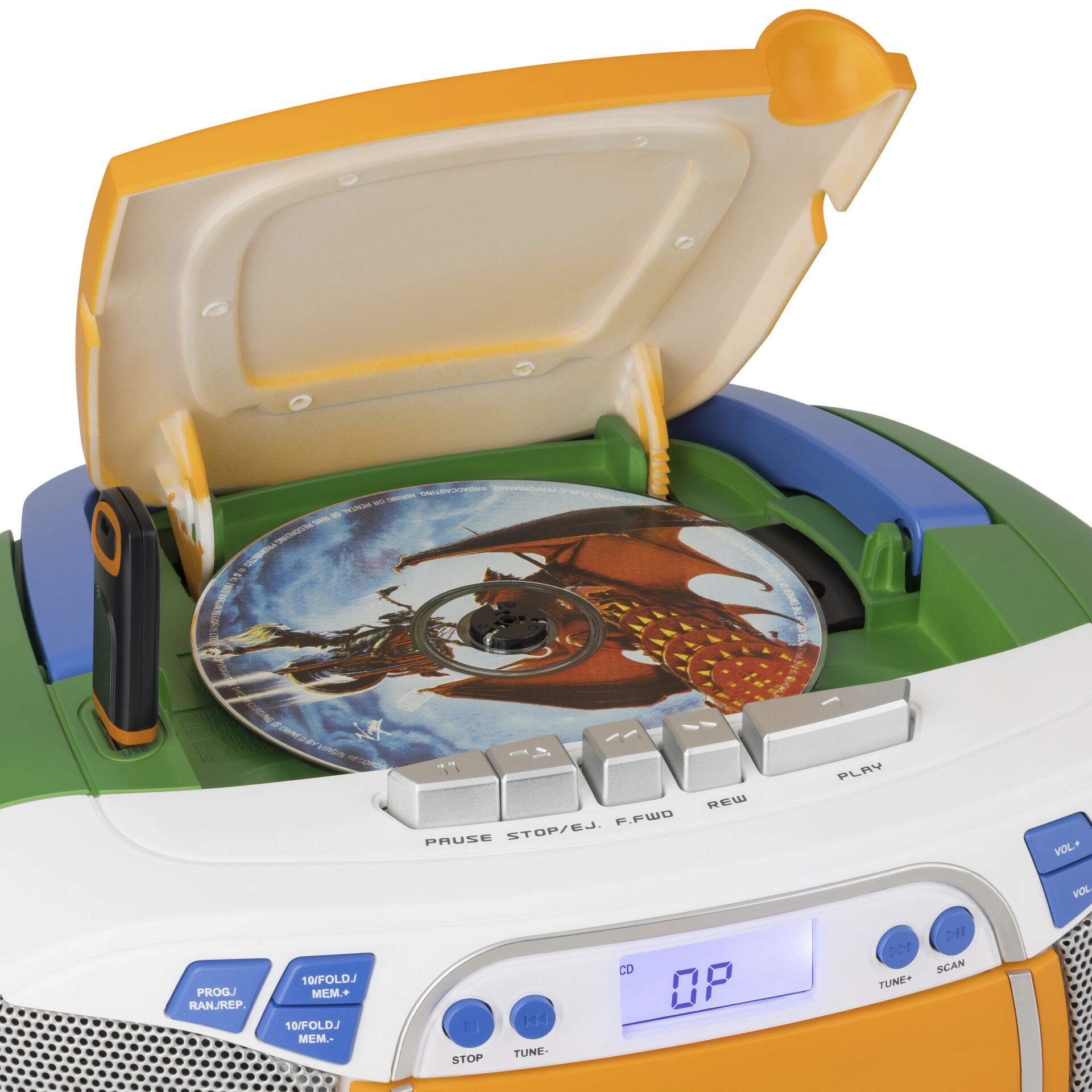 CD-Player, tragbares Stereo, Disc mit Drachenmotiv, bunte Kunststoff, offene obere Abdeckung