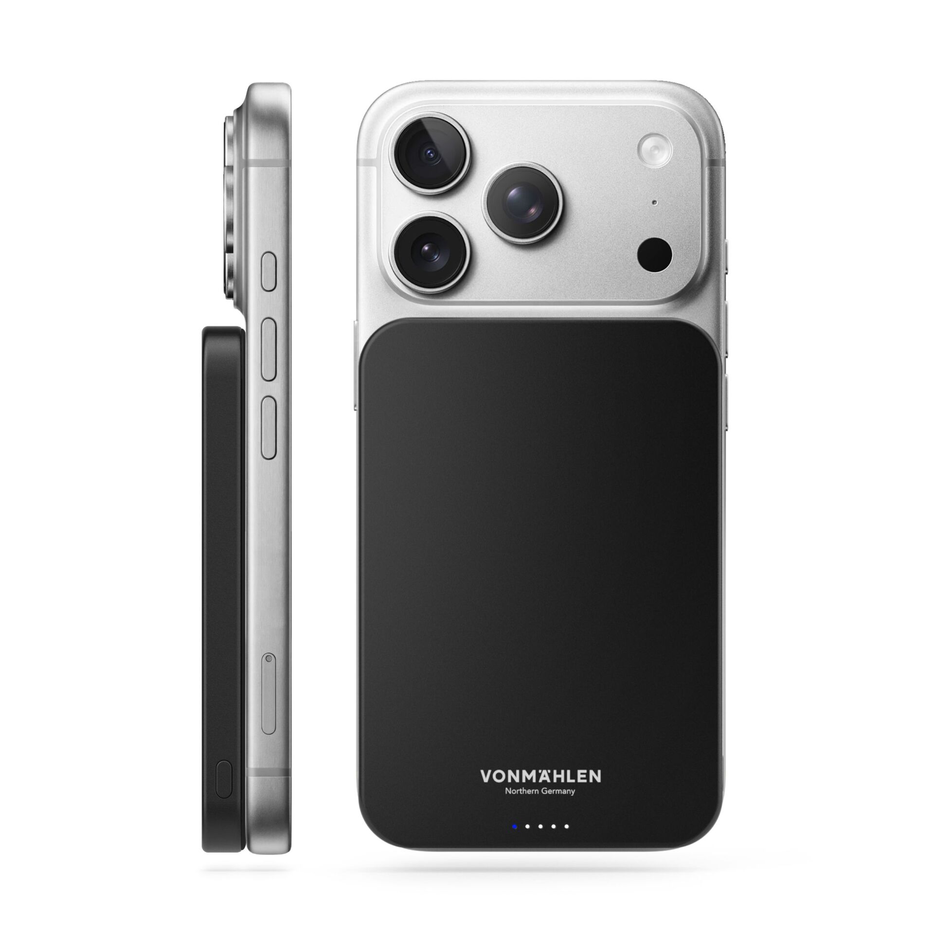smartphone, tricamera, silber, magnetisches kabelloses ladegerät, modulares zubehör
