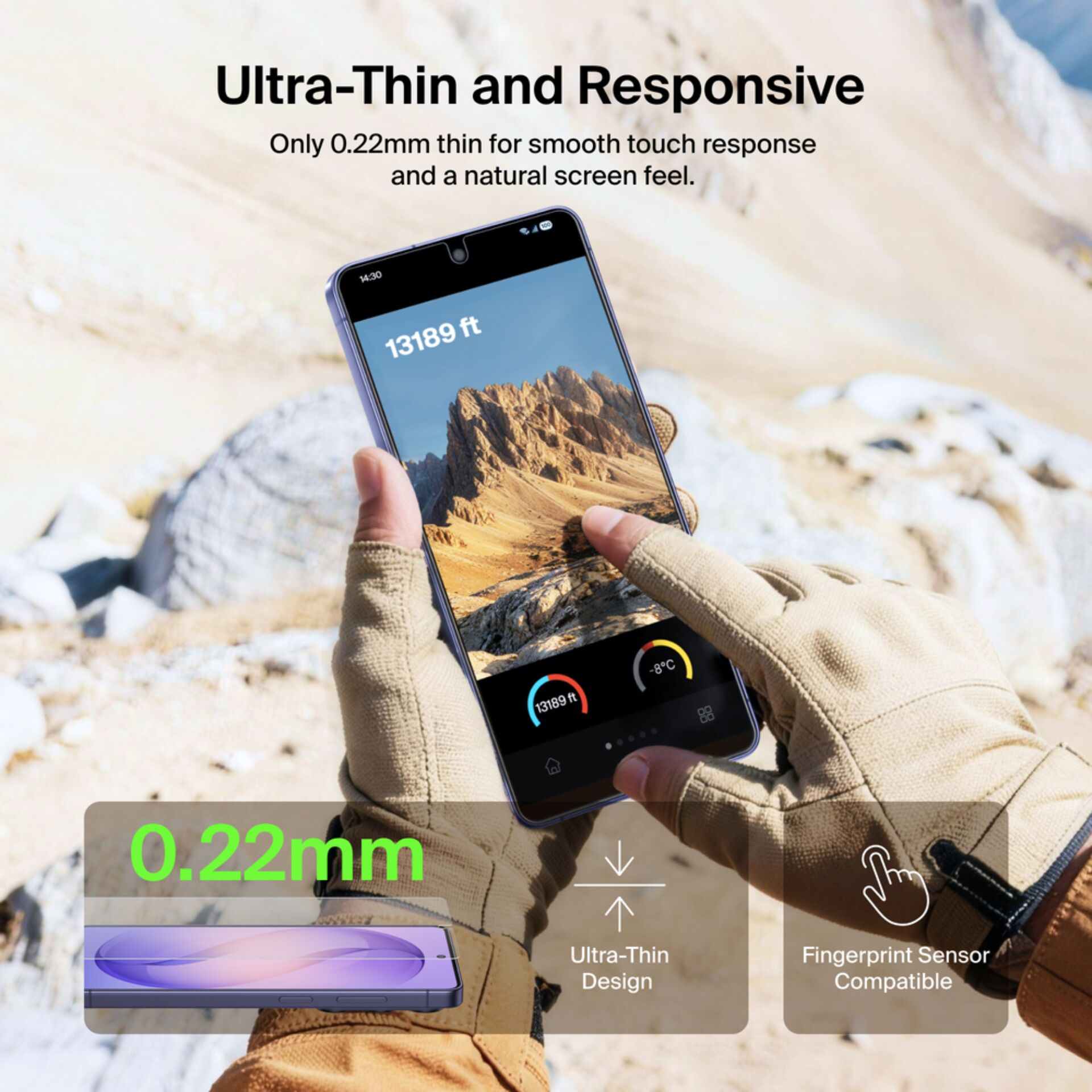 ultra-dünn, Touchscreen, Handschuhe, Smartphone, felsiges Gelände