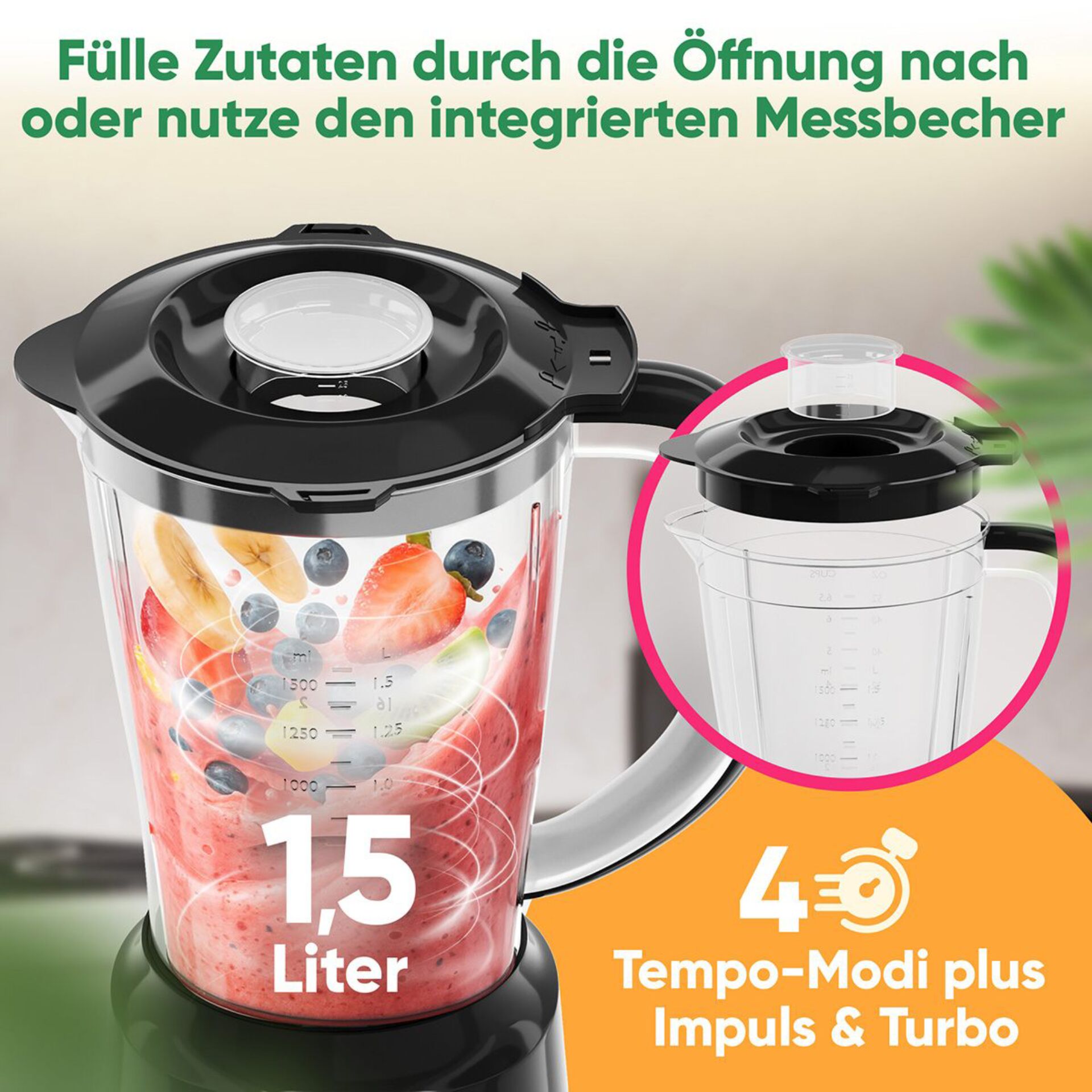Mixer, Blender, 1,5 Liter, Frucht-Smoothie, Messmarkierungen