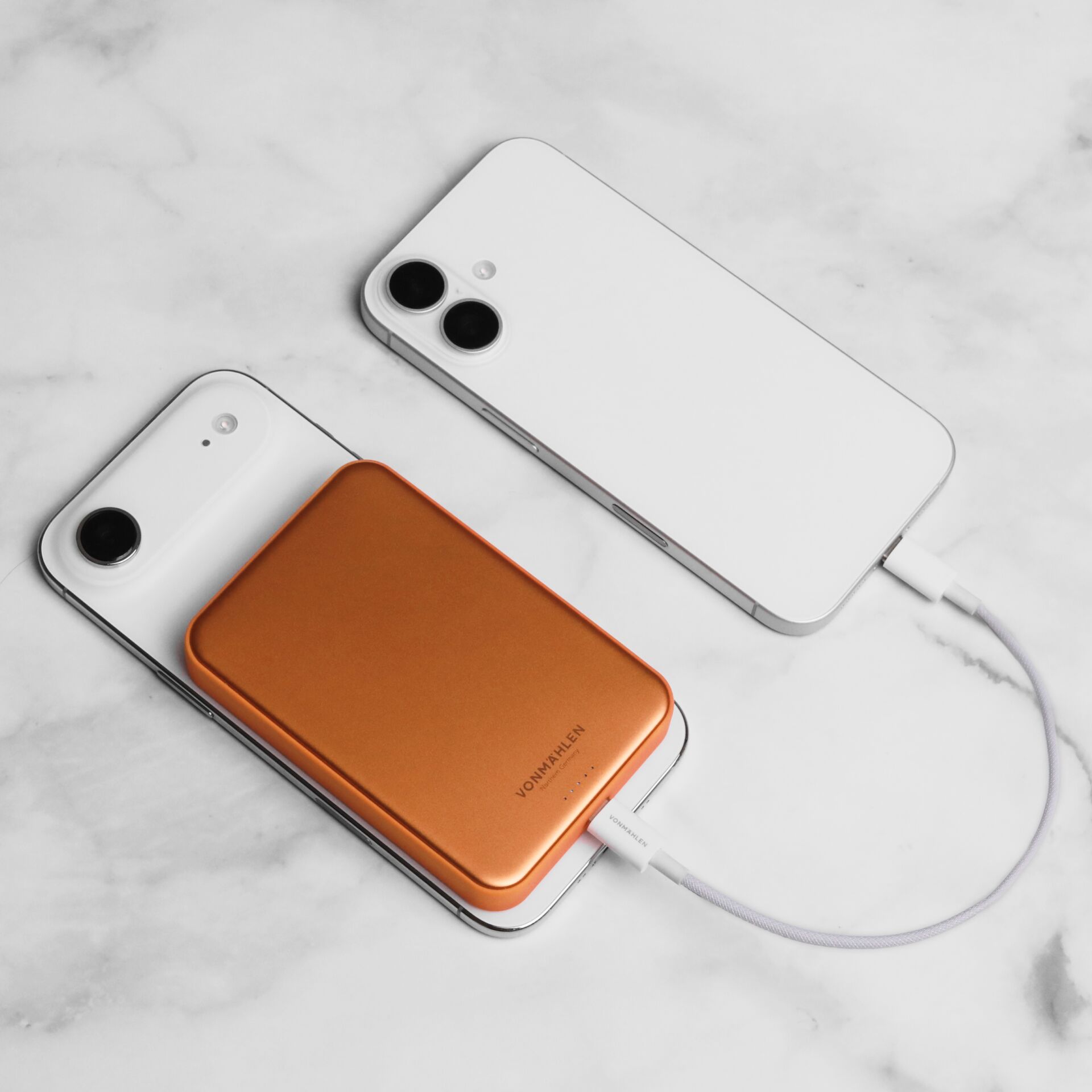 power bank, orange, portable charger, kabelloser ladegeraet, dual phone setup