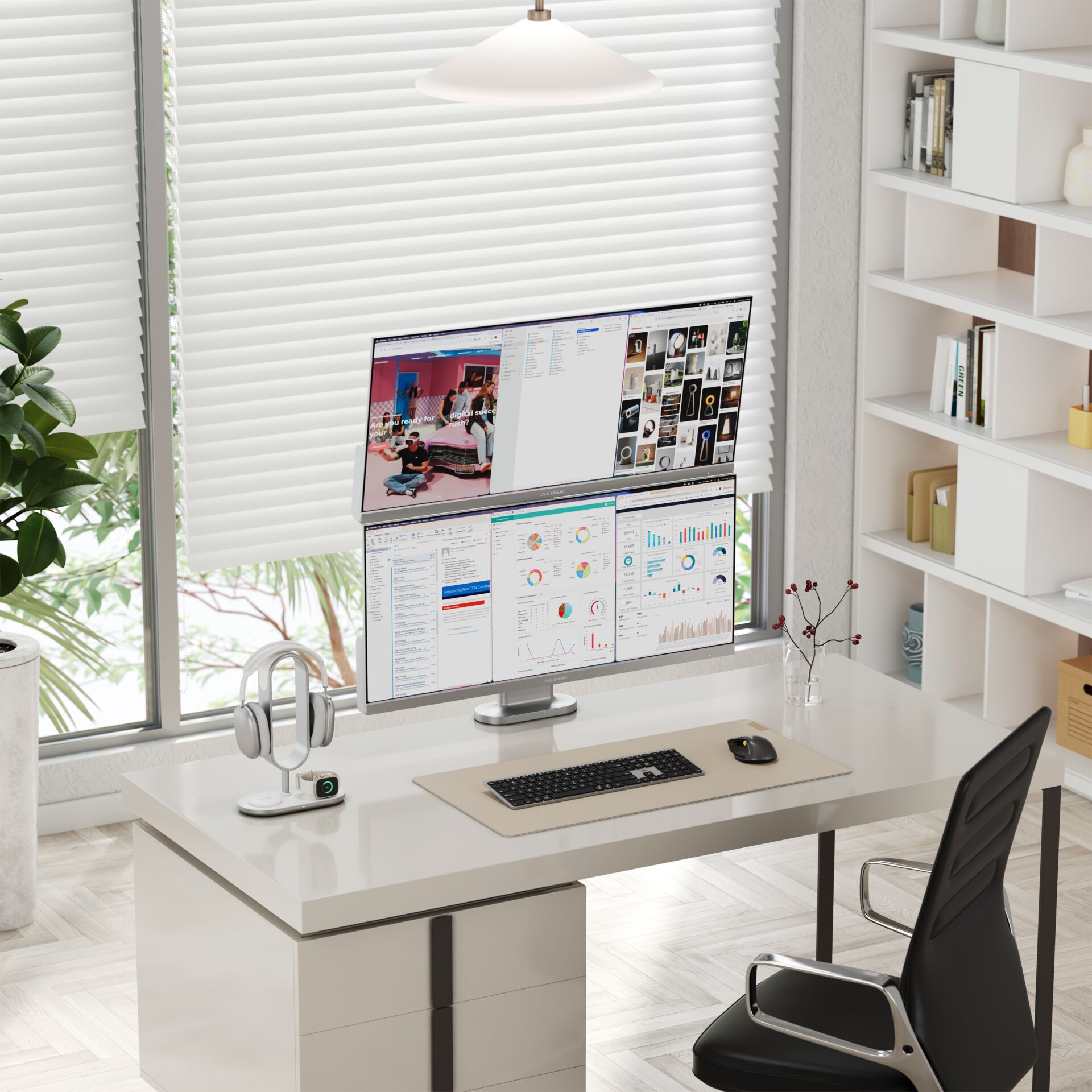 Home Büro, Monitor-Setup, Duale Monitore, ergonomischer Stuhl, weißer Schreibtisch