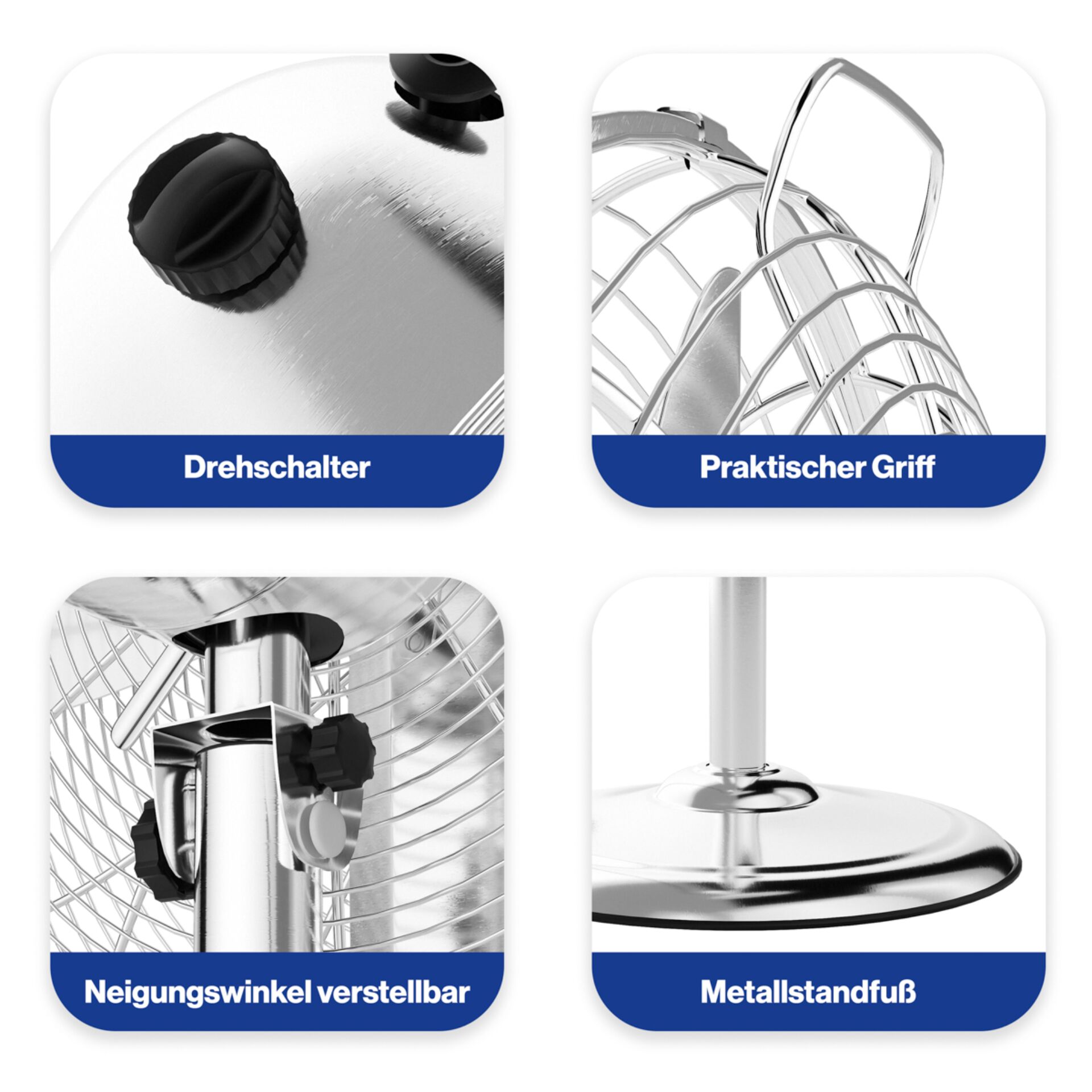 Drehschalter, Praktischer Griff, Neigungswinkel verstellbar, Metalstandfuß, Ventilator
