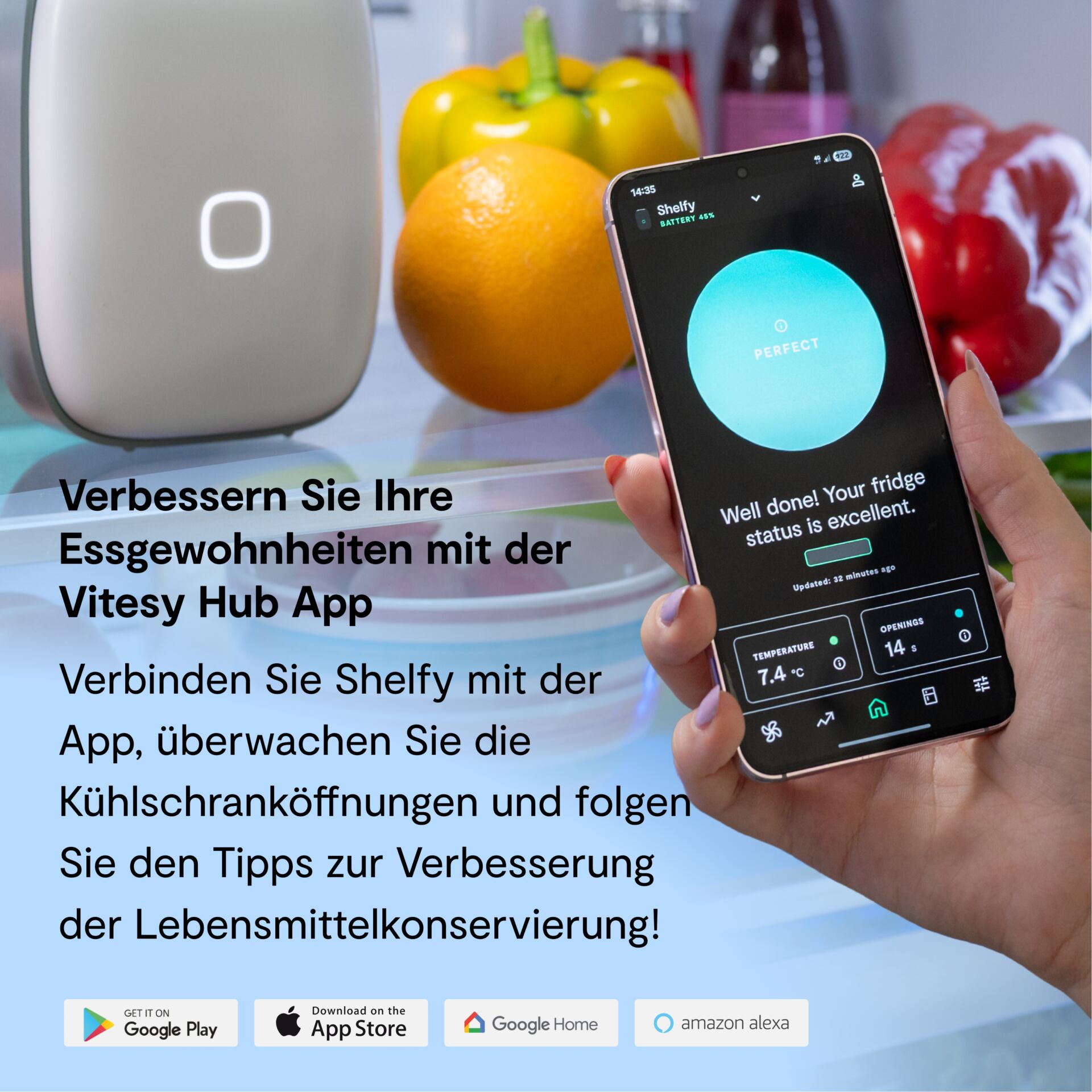 Smart fridge, Smartphone app, Küchen-Gadget, Blaues UI, Öffnungen 14s