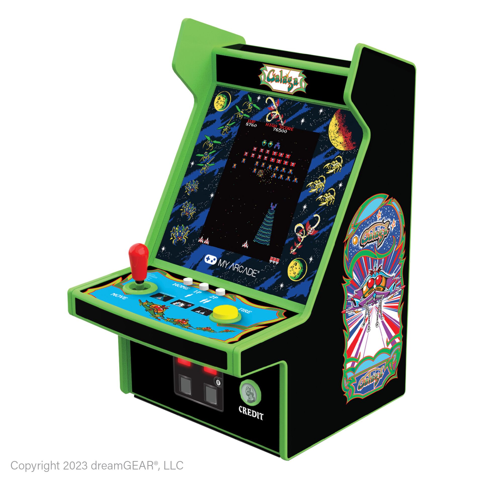 Arcade-Konsole, Mini-Arcade, Grüne Spielhalle, Retro-Spiel, Münzeneinwurf