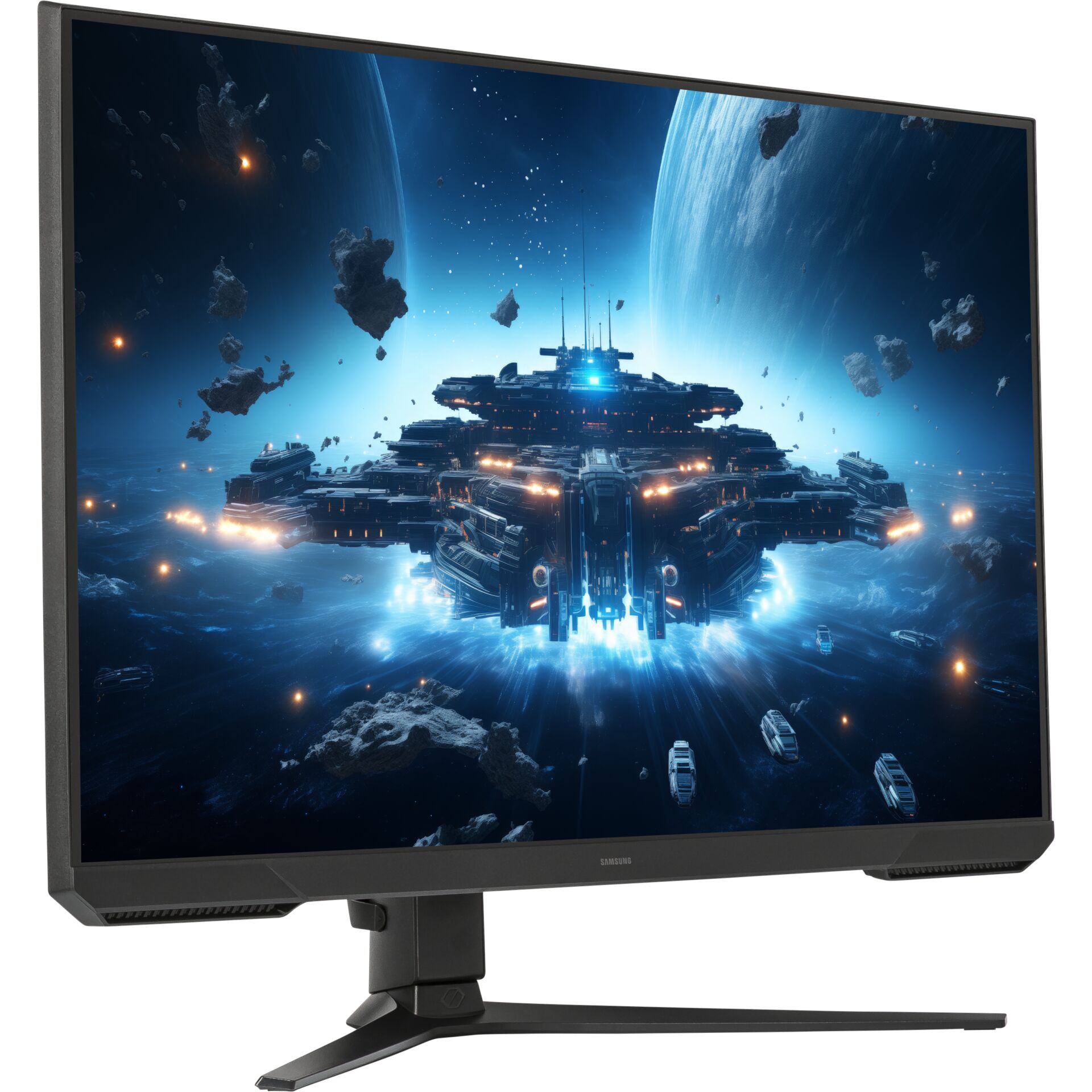 monitor, lcd, seitliche Ansicht, schwarz, stativ, Bildschirm, Gaming-Monitor, LED-Bildschirm, Bildschirm mit Sci-Fi Bild, Raumschiff-Display