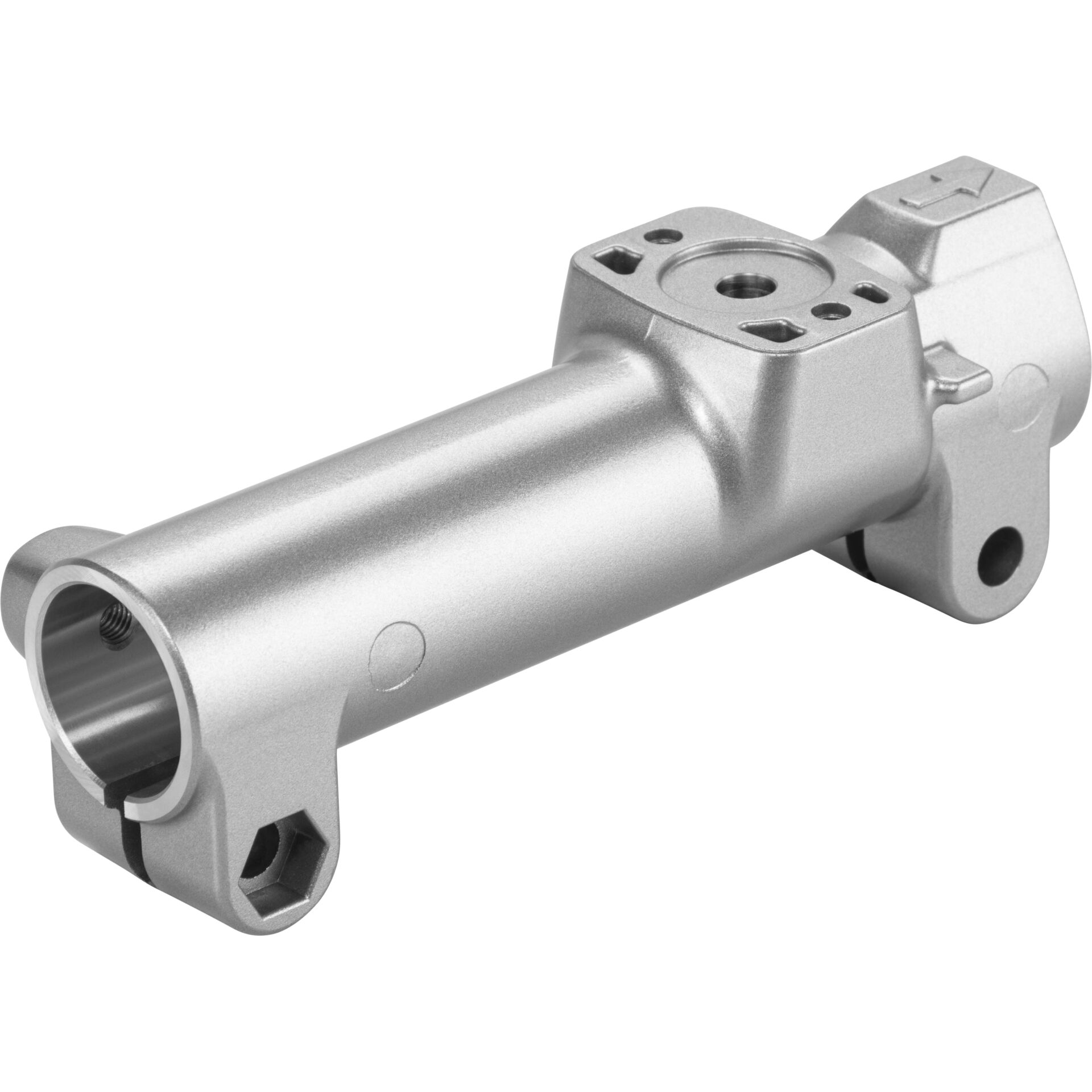 hydraulischer Zylinder, Metallteil, Silberfarbe, bearbeitet, Montageflansch
