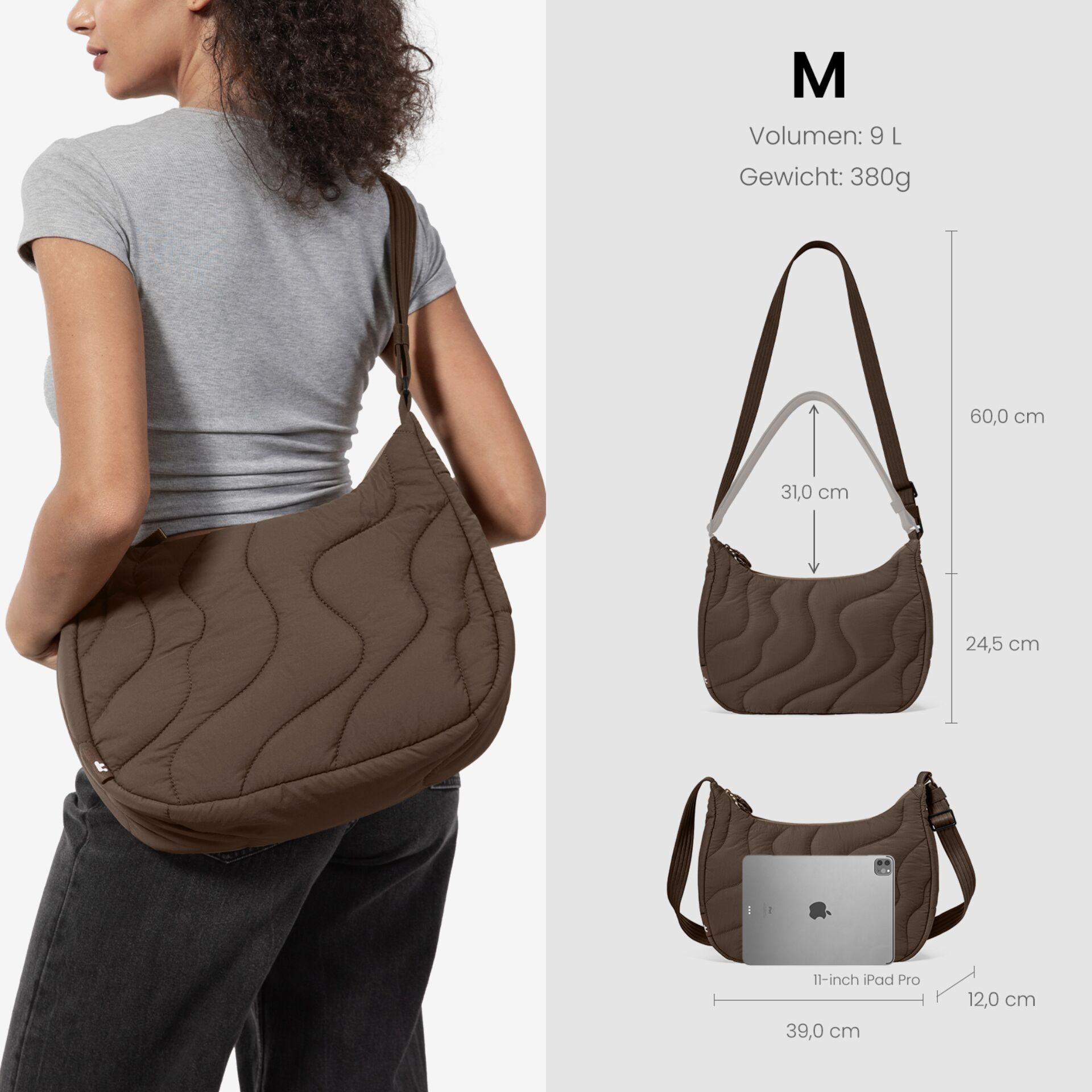 Umhängetasche, Quiltung, Braun, Schultertasche, Material Quilting