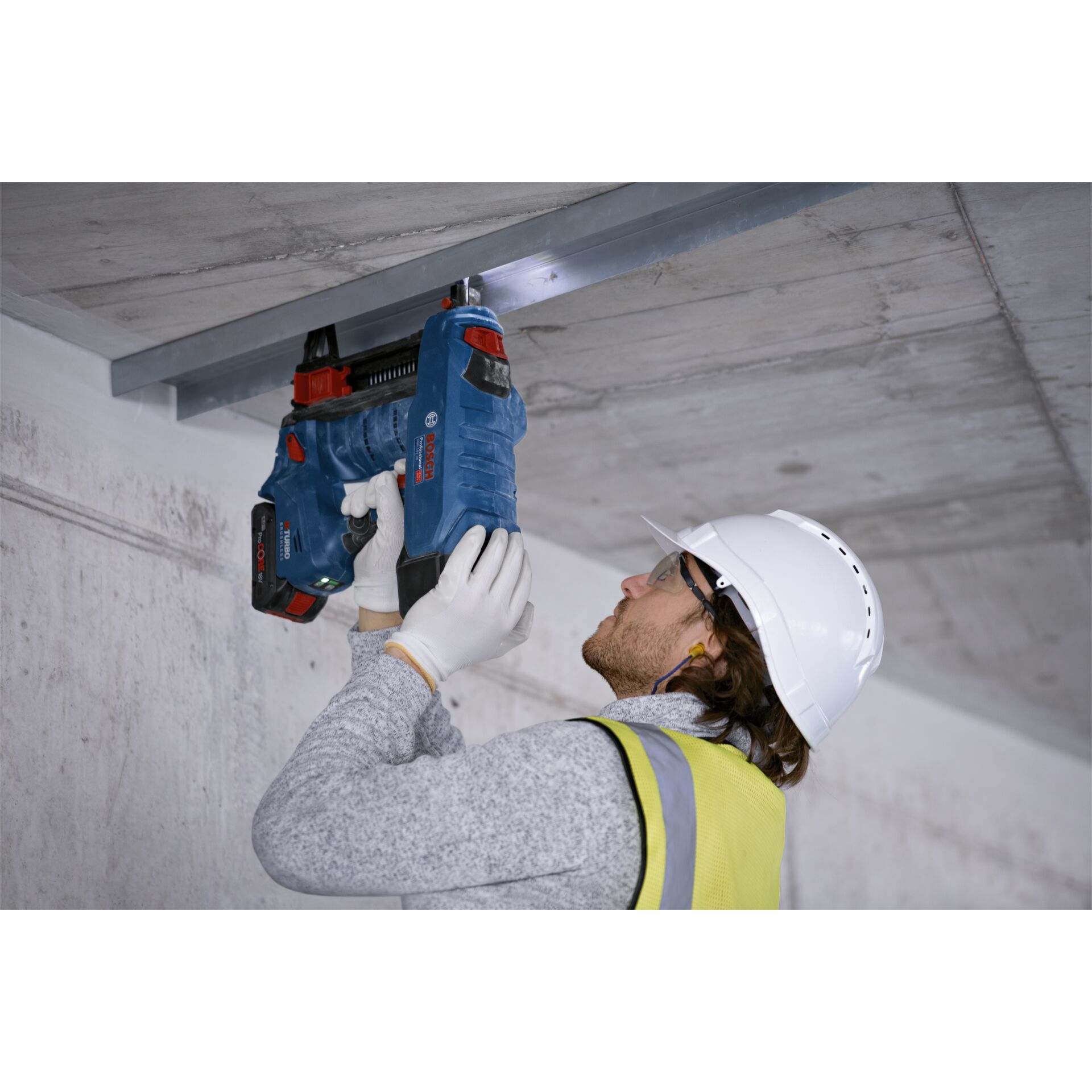 Elektrische Bohrmaschine, Werkzeug, Arbeiter, Schutzhelm, Helm