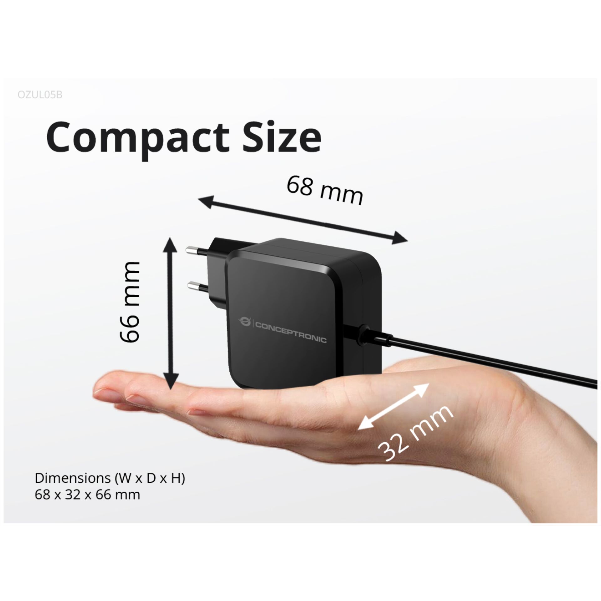 Kompaktes Netzteil, Wandstecker, USB-C Adapter, Abmessungen 68x32x66 mm, Schwarzer Netzadapter