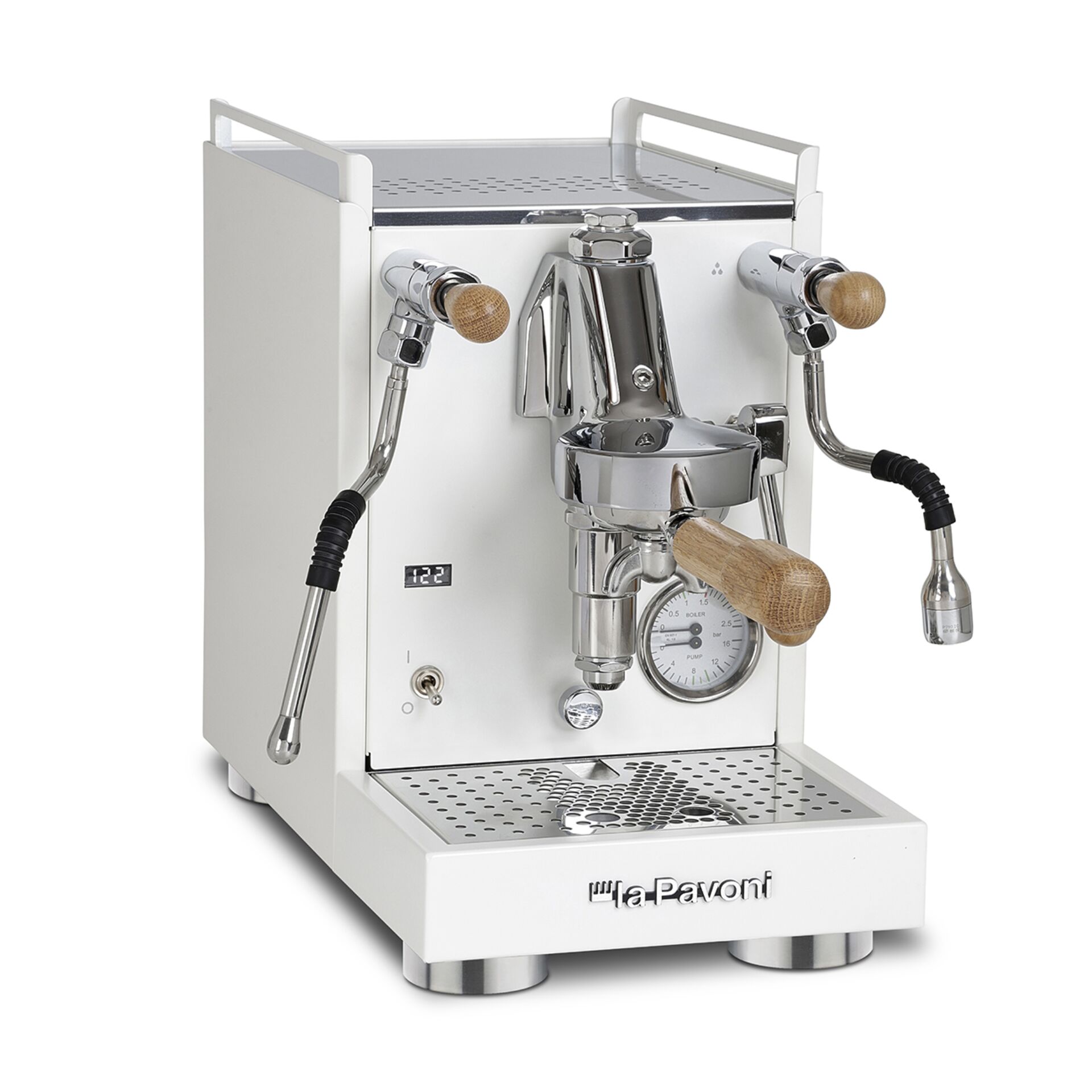 Espresso-Maschine, Portafilter, Doppelgruppe, Edelstahl, Holzgriffe