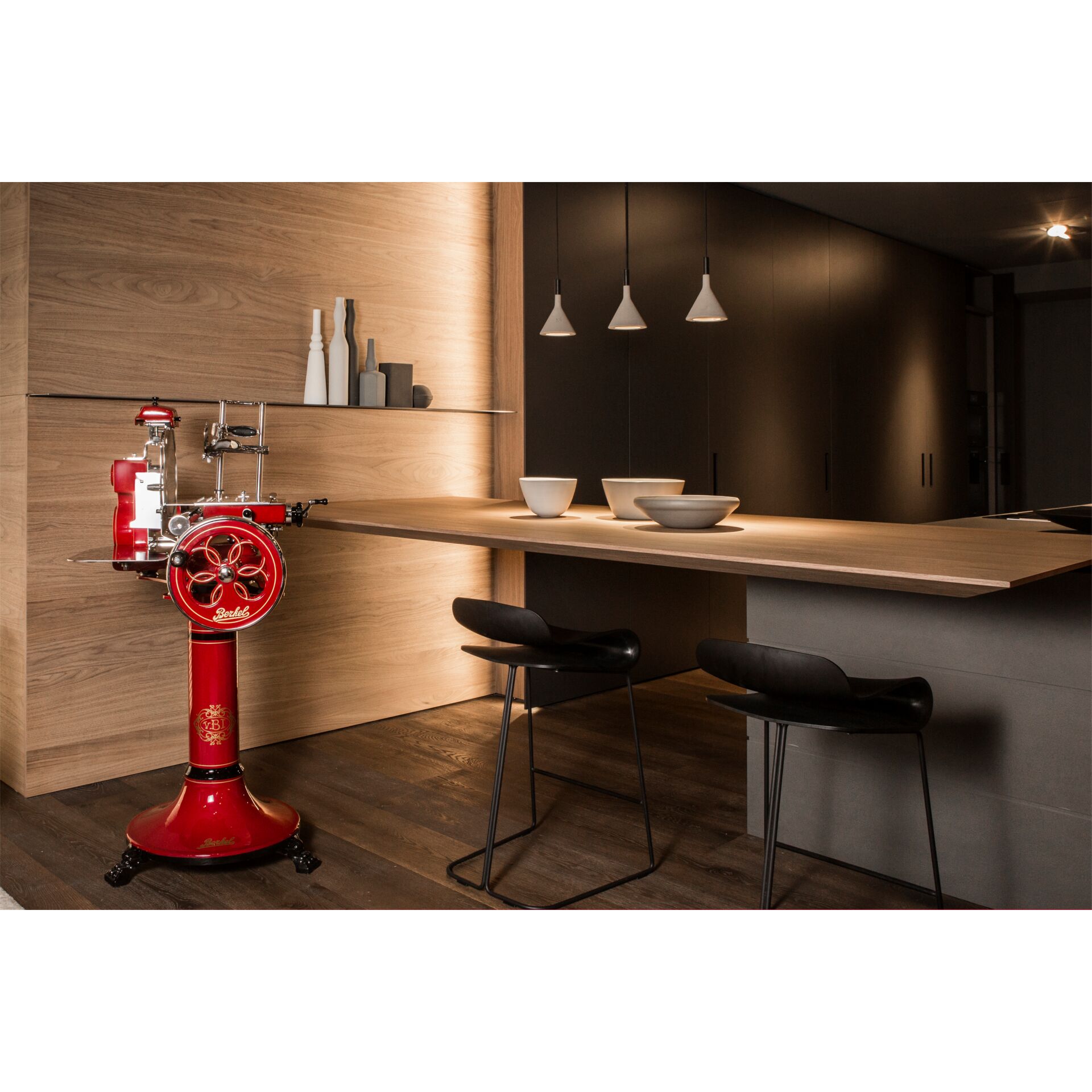 küche, insel, barstuhl, roter mixer, modern