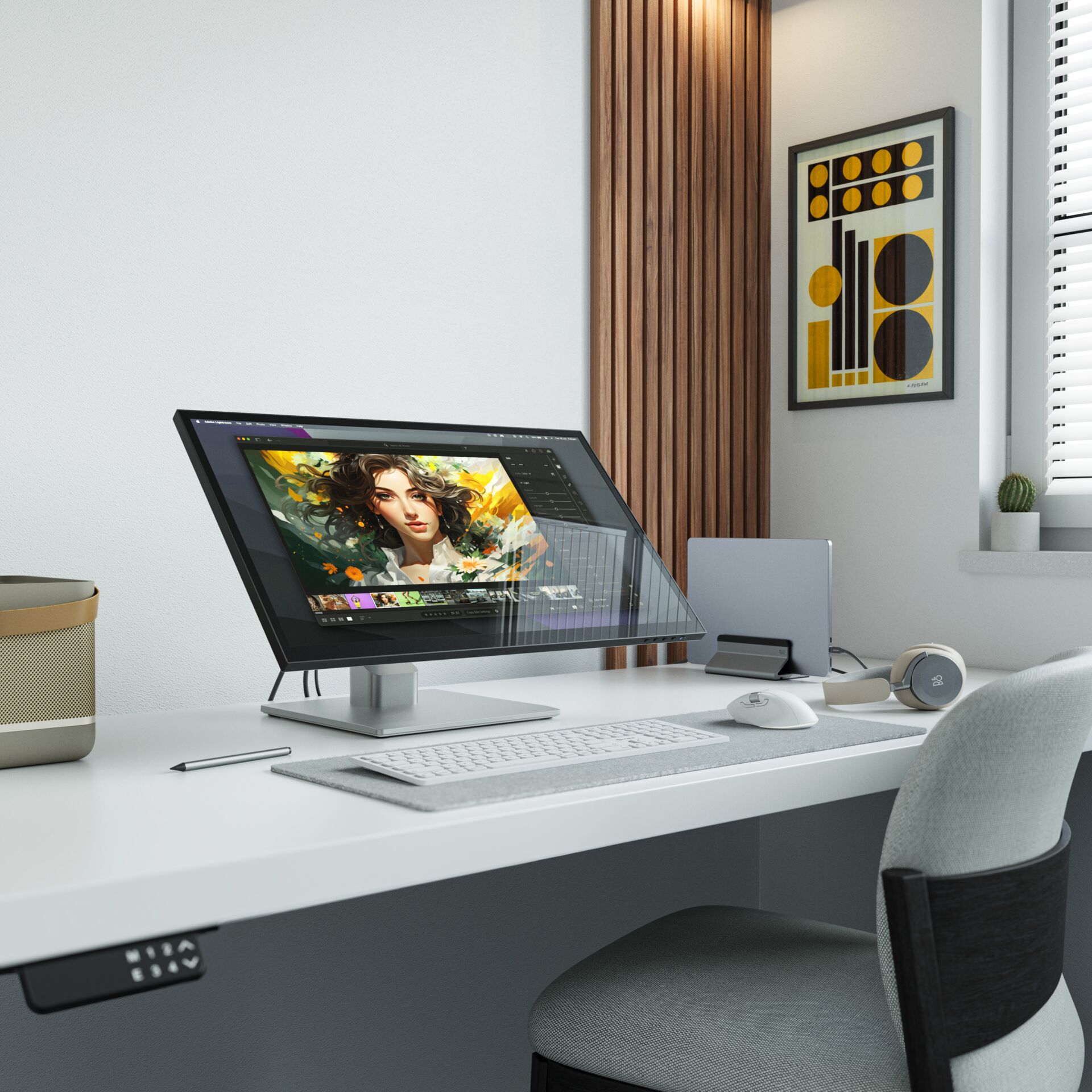 Desktop-Monitor, Künstlerische Porträt, verstellbarer Stand, Arbeitsplatz-Setup, weißer Schreibtisch