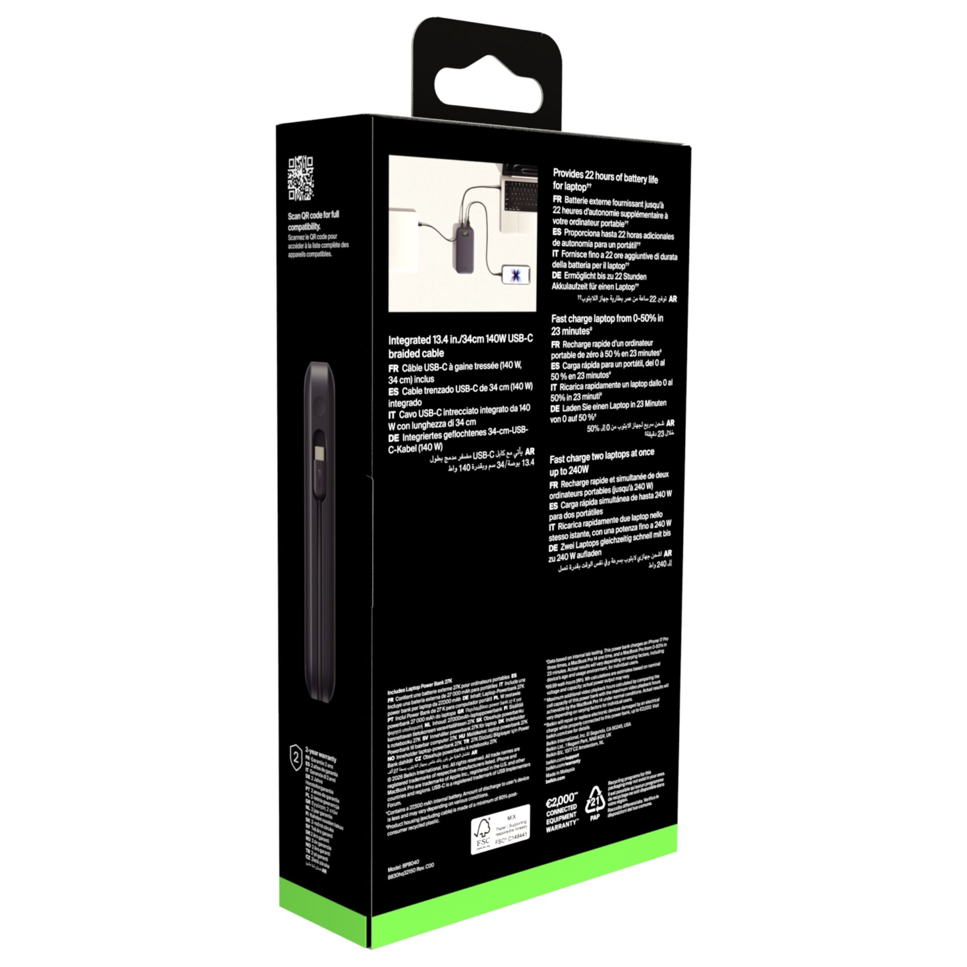 USB-C Kabel, geflochten, Laptop-Ladekabel, schwarz, 2 m Länge