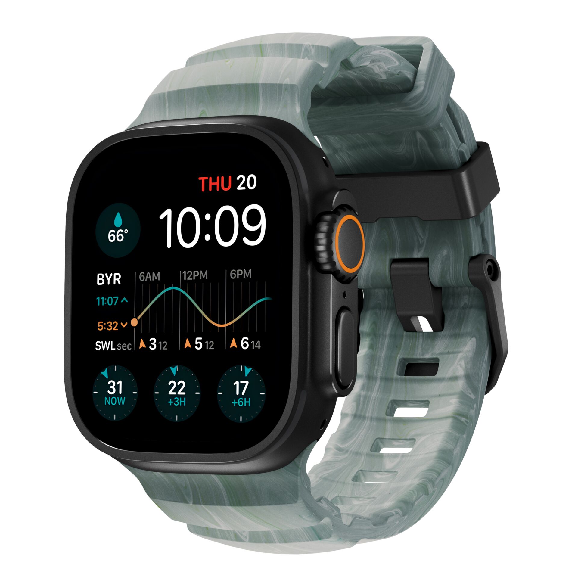 Smartwatch, Digital display, Black case, Wristband, Patterned strap