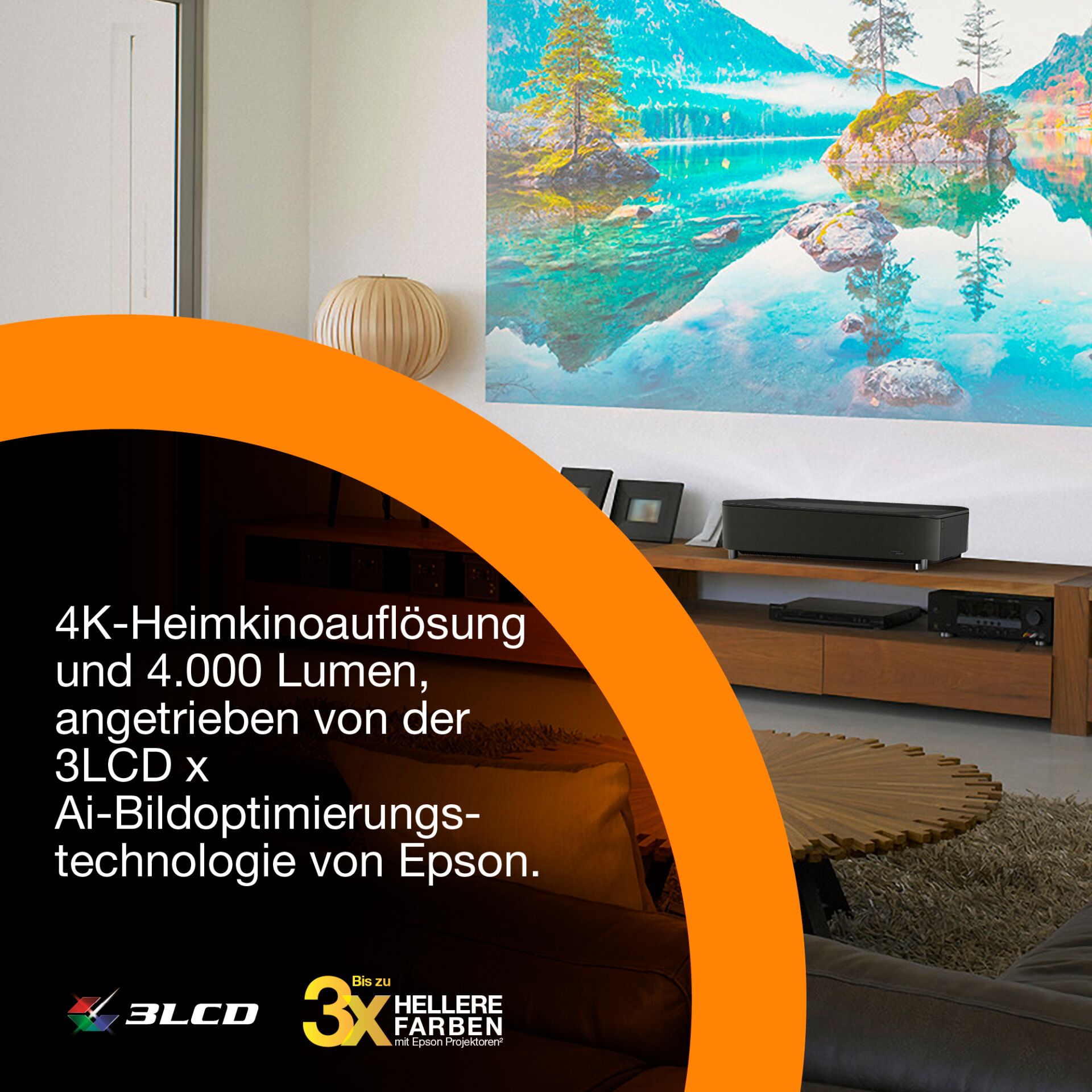4K, Wohnzimmer, Projektor, Akzentwand, Orange-Kreis