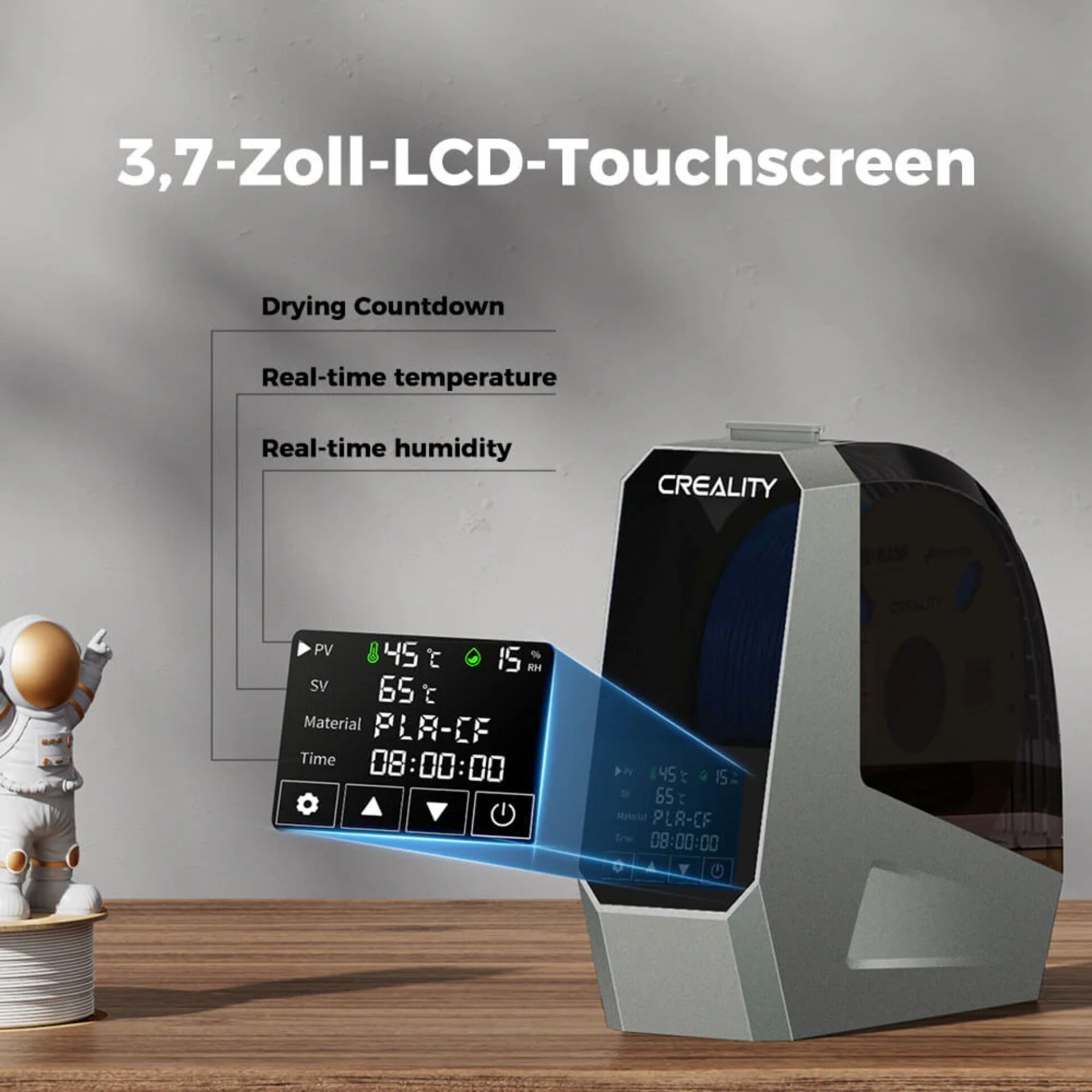 3.7-Zoll, LCD-Touchscreen, Real-time temperature, Real-time humidity, Drying countdown