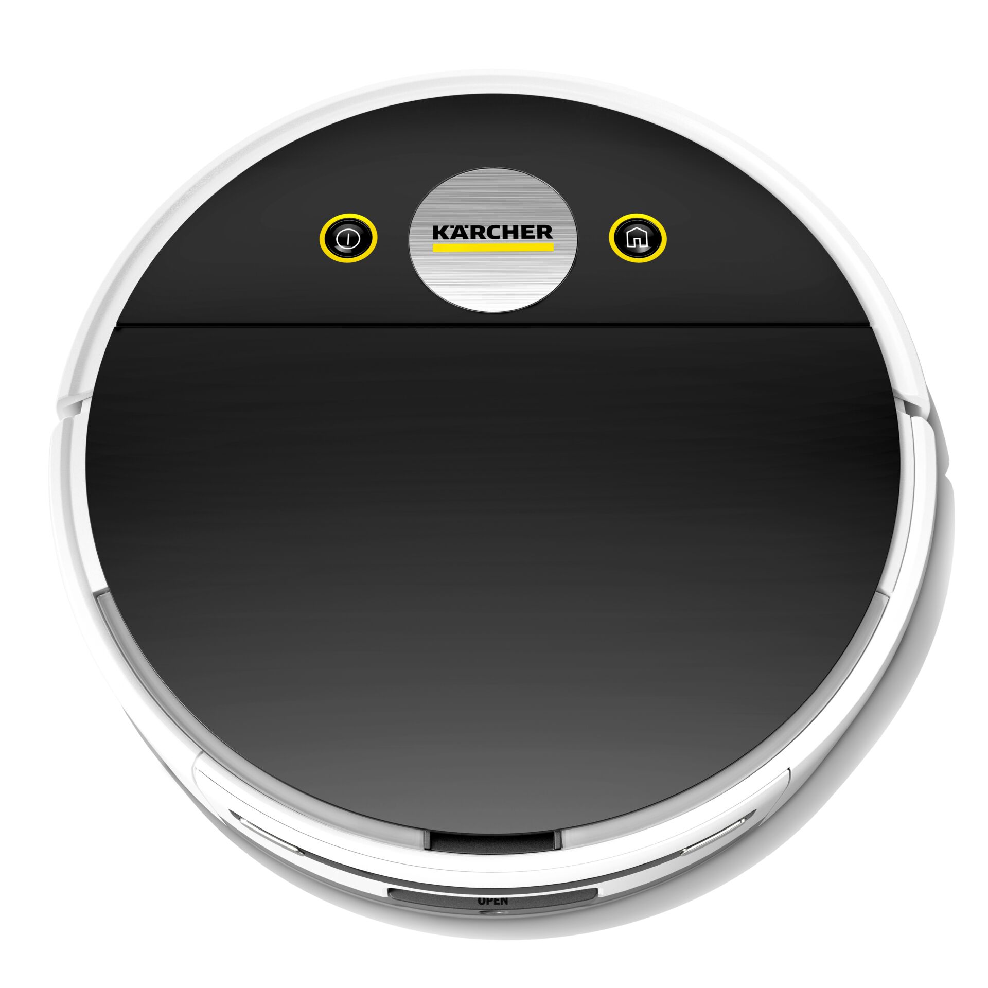 Roboterstaubsauger, Saugroboter, Runder Bodenreiniger, Kärcher, Ladestation, Roboterstaubsauger, Runde Form, Weiß, Schwarze Oberseite, Kärcher Marke