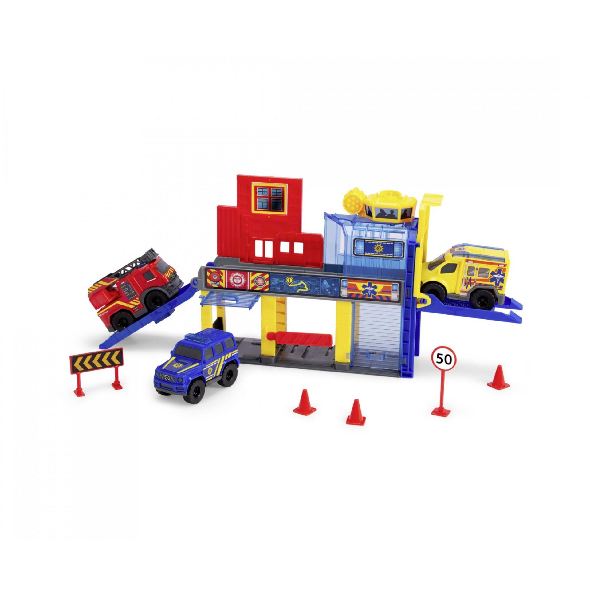 Spielzeuggarage, Autoset, Notfallfahrzeuge, Straßenverkehr, Klemmbausteine