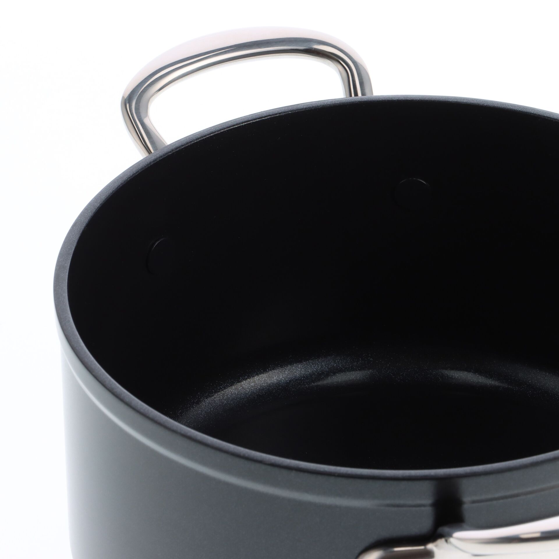 Topf, Metallgriff, schwarzes Innenleben, Antihafttopf, Edelstahlgriff