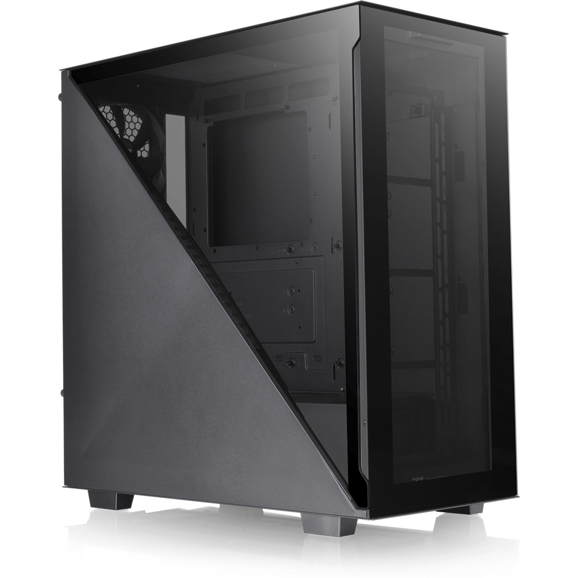 PC-Gehäuse, Mid-Tower, Glas-Seitenwand, Schwarz, seitliche Diagonale