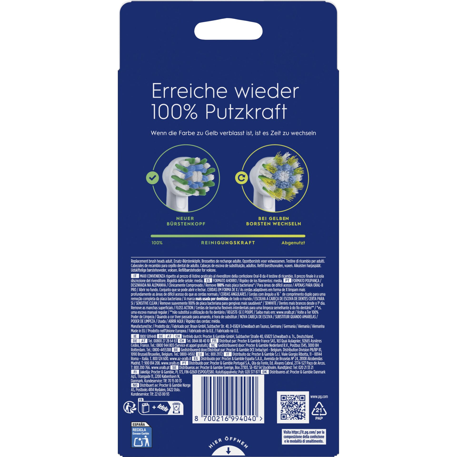 Zahnbürstenaufsatz, Elektrische Zahnbürste, Bürstenkopf, Putzkraft, Weiß/Blaues Design