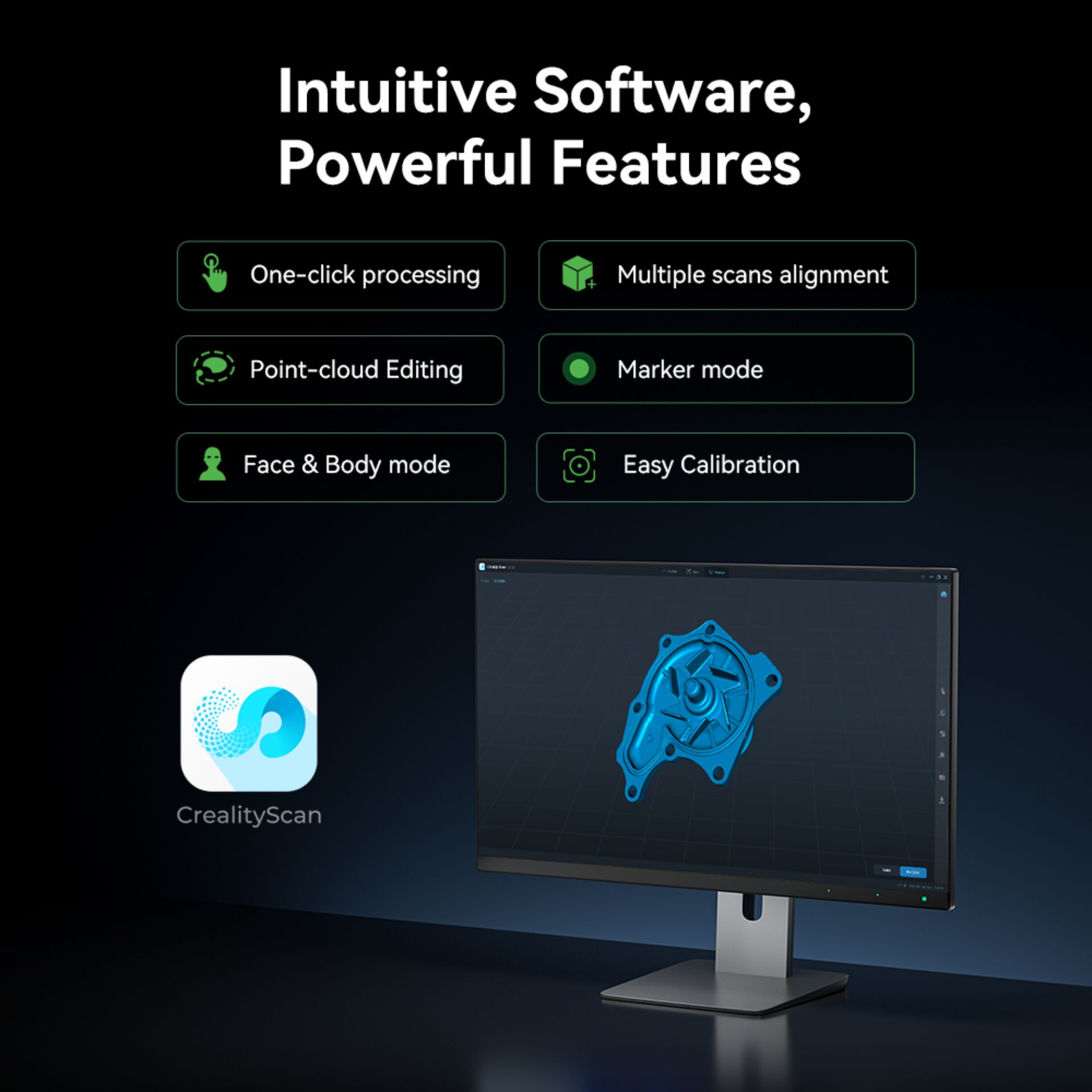 3D-Modell, CAD-Software, Monitor, Blaues Teil, CrealityScan