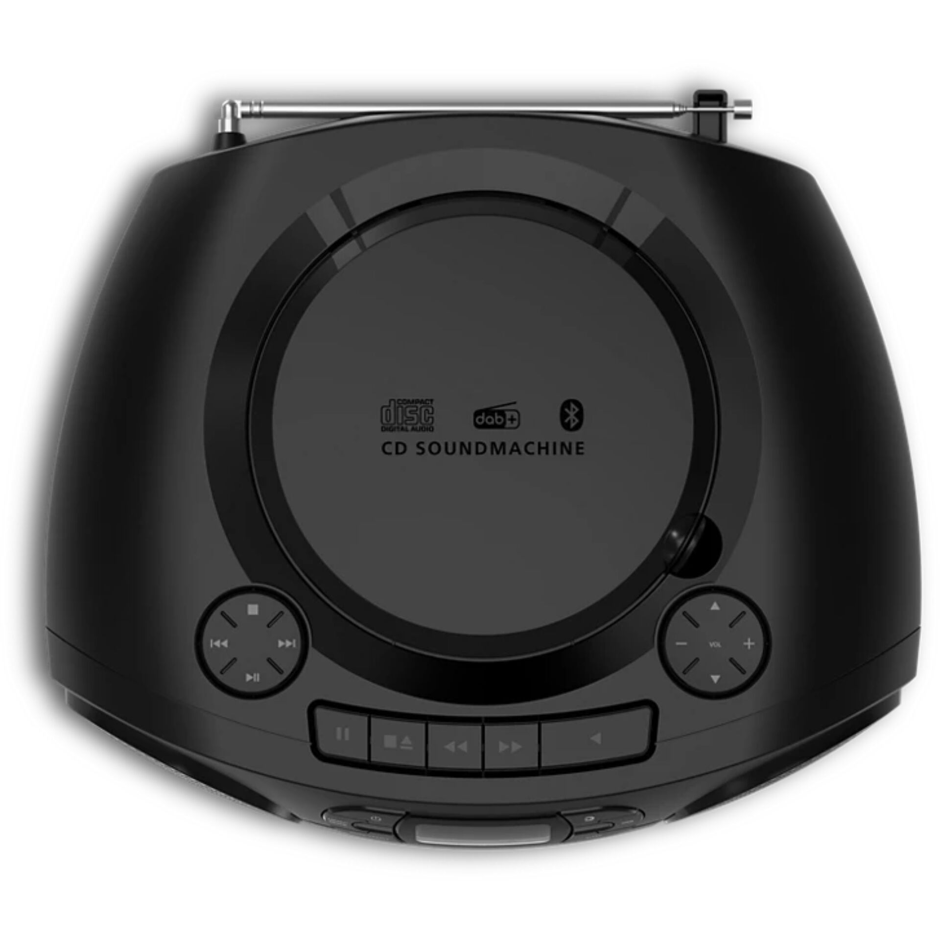 CD-Player, Soundmaschine, Bluetooth, Disc-Logo, schwarzes Gerät