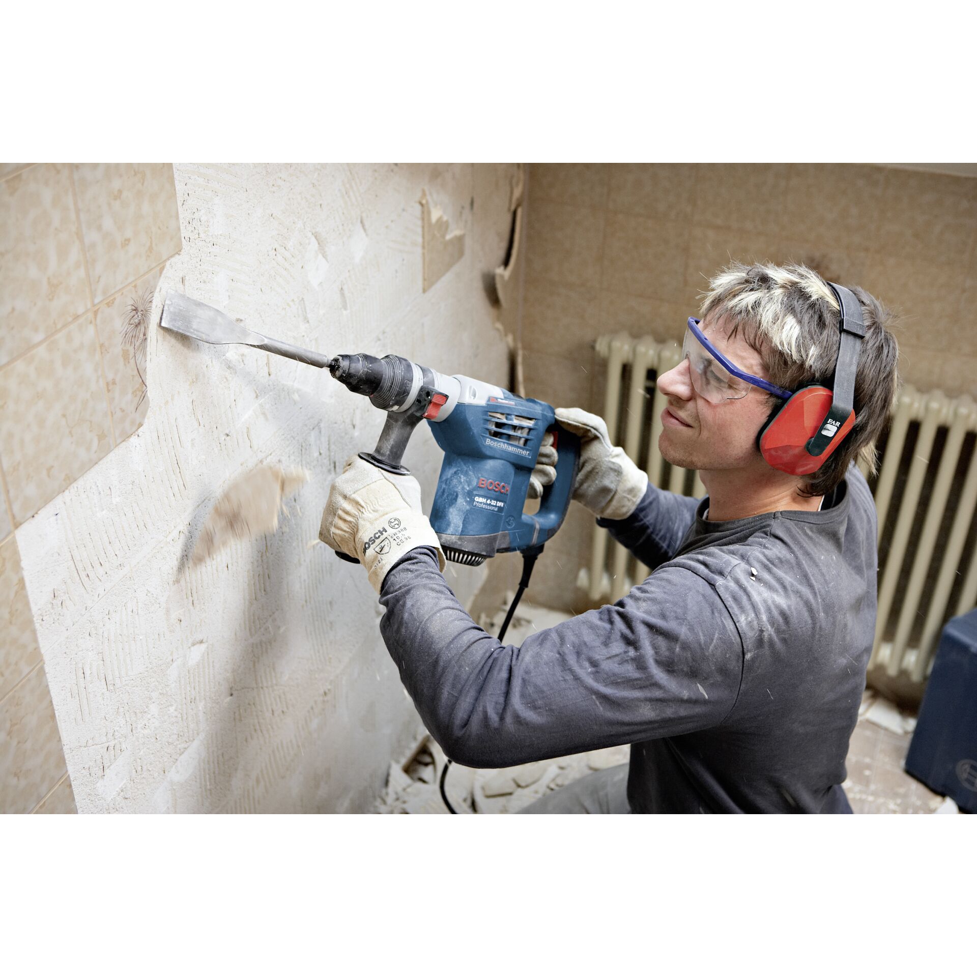 Elektrische Bohrmaschine, Werkzeug, Kleidung, Handschuh, Arbeiter