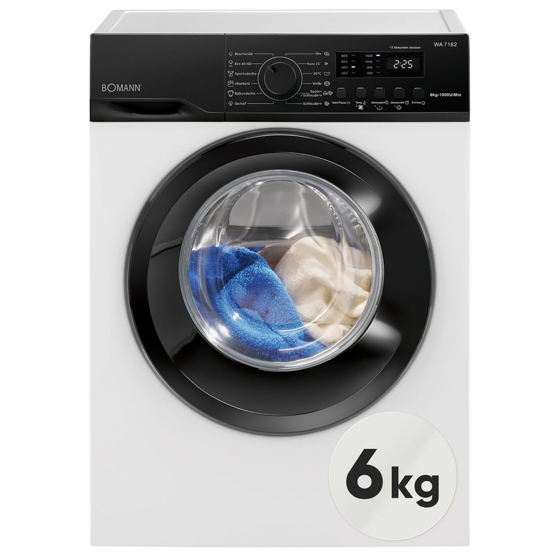 Waschmaschine, Frontlader, 6 kg, Schwarz, Glasfenster